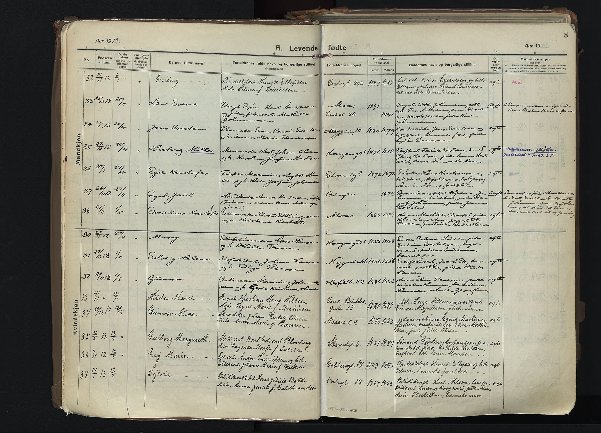 Moss prestekontor Kirkebøker, AV/SAO-A-2003/F/Fb/L0005: Parish register (official) no. II 5, 1913-1923, p. 8