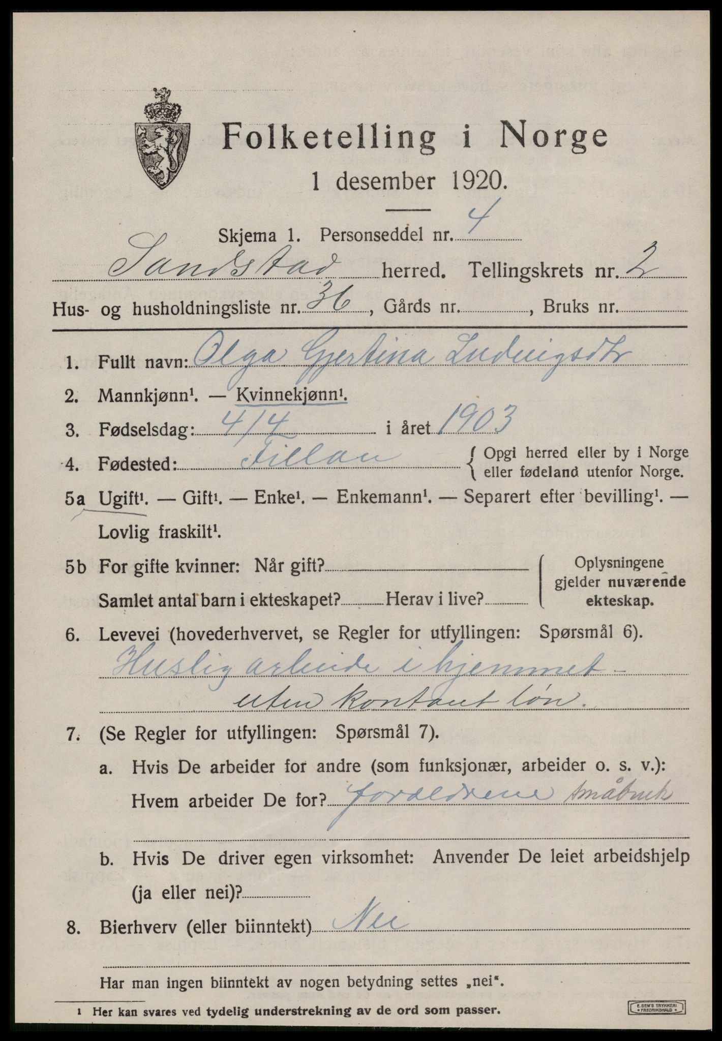 SAT, 1920 census for Sandstad, 1920, p. 1085