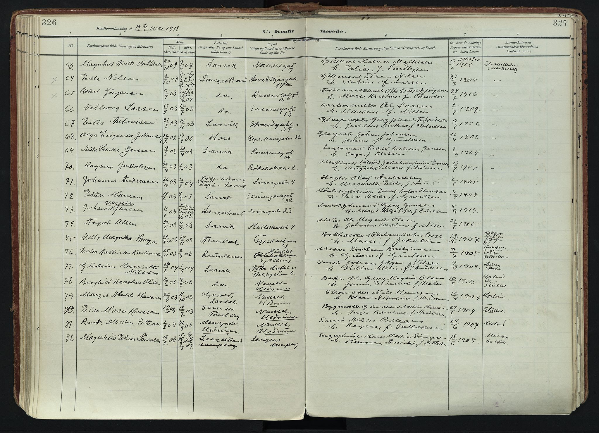 Larvik kirkebøker, SAKO/A-352/F/Fa/L0011: Parish register (official) no. I 11, 1902-1922, p. 326-327