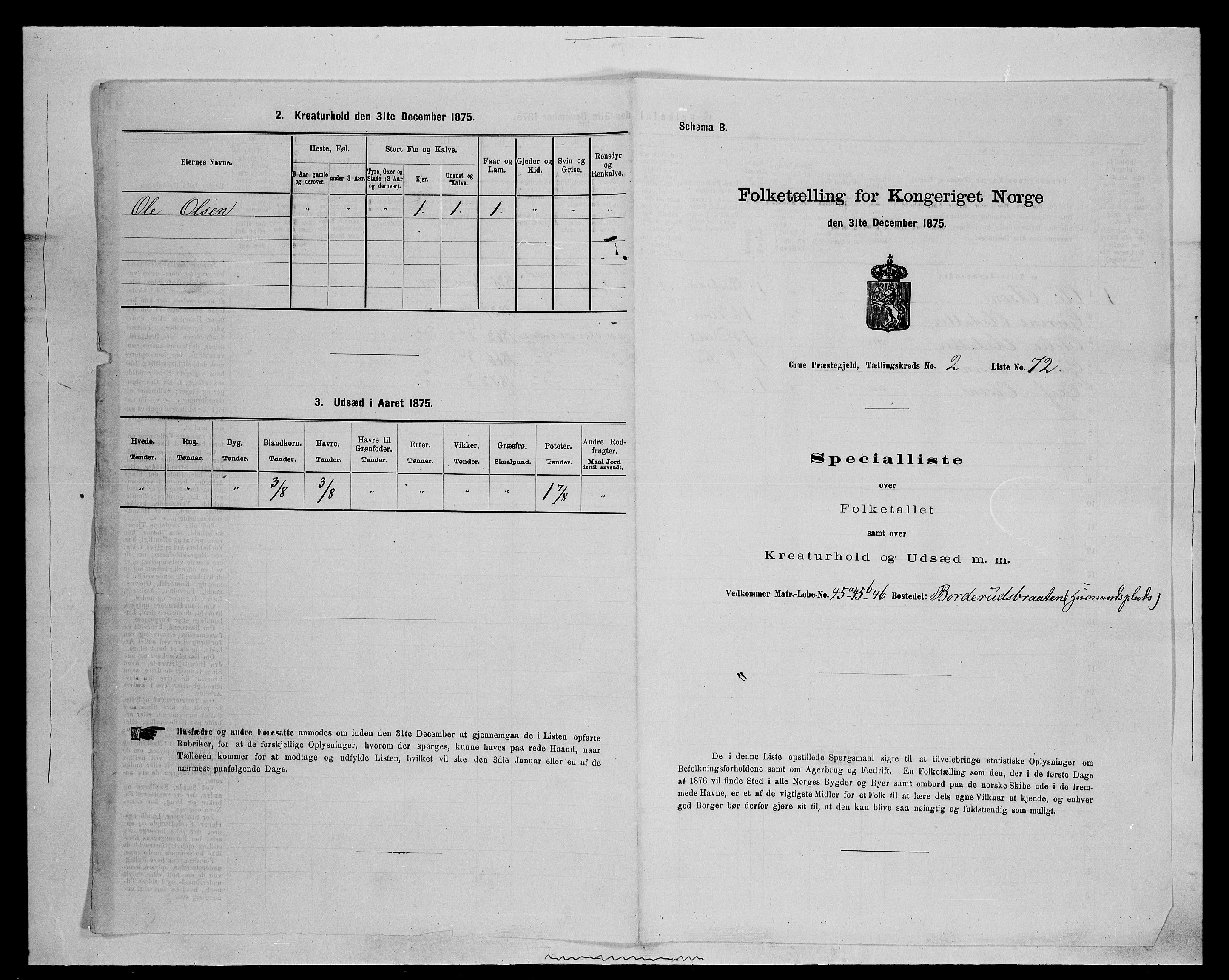 SAH, 1875 census for 0423P Grue, 1875, p. 518