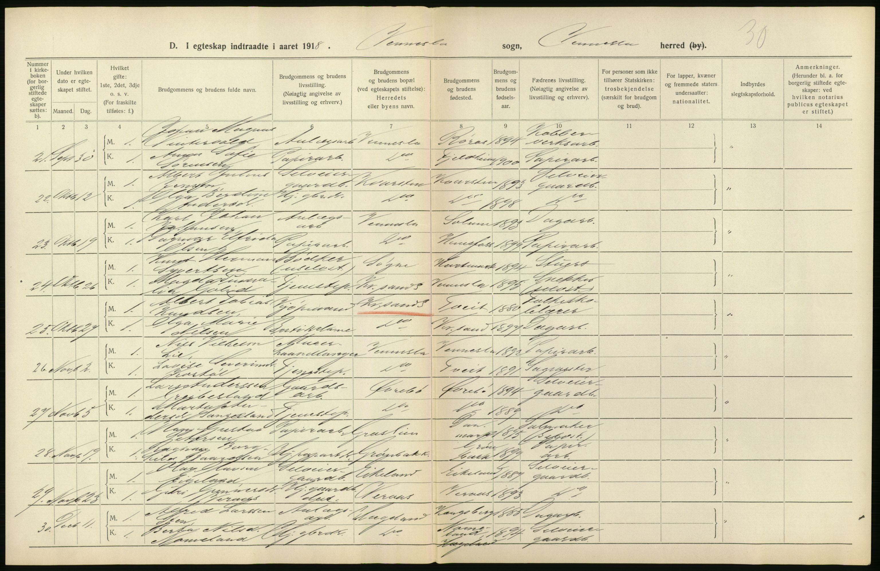 Statistisk sentralbyrå, Sosiodemografiske emner, Befolkning, AV/RA-S-2228/D/Df/Dfb/Dfbh/L0029: Vest-Agder fylke: Levendefødte menn og kvinner, gifte. Bygder og byer., 1918, p. 456