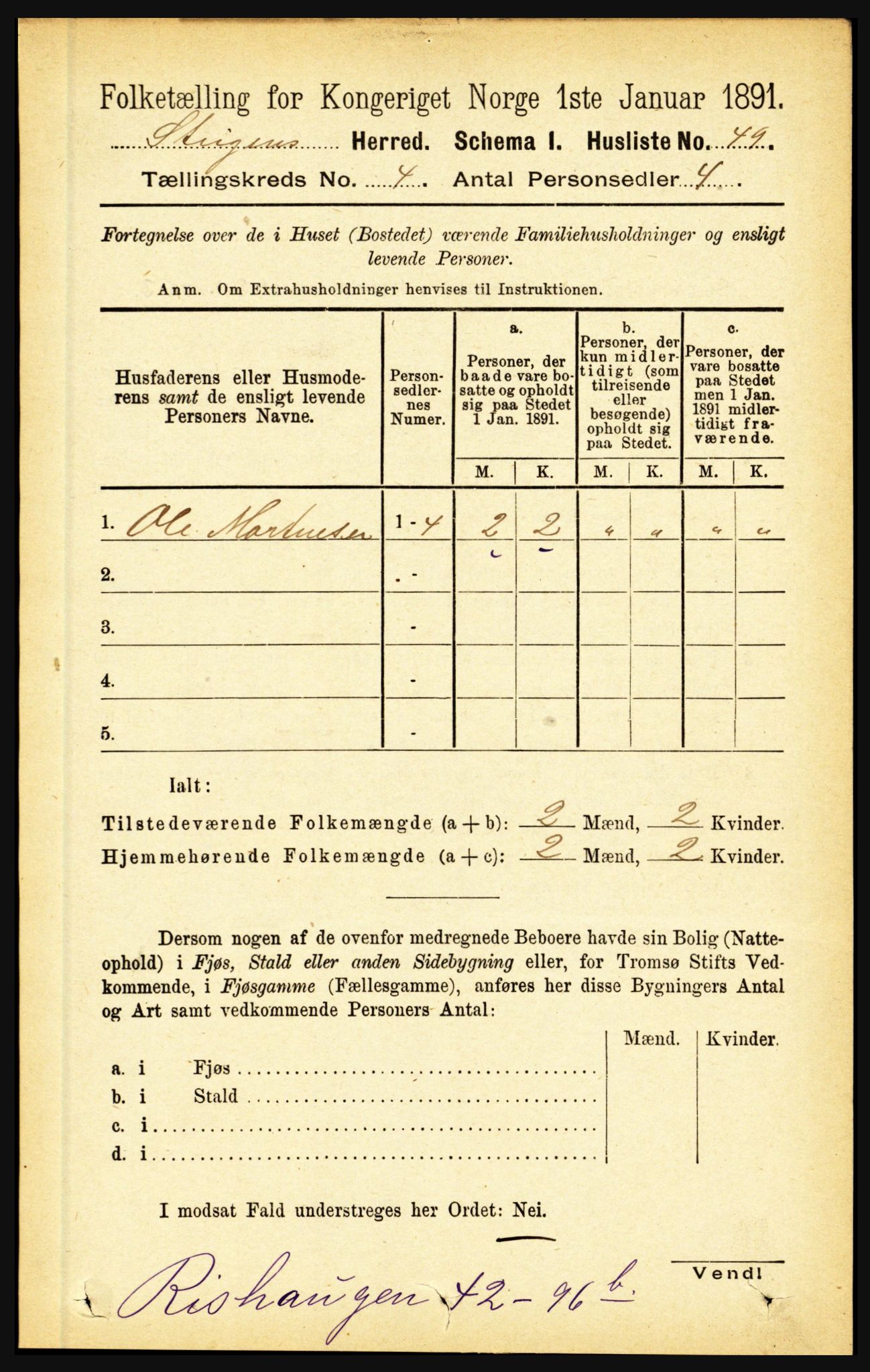 RA, 1891 census for 1848 Steigen, 1891, p. 1441