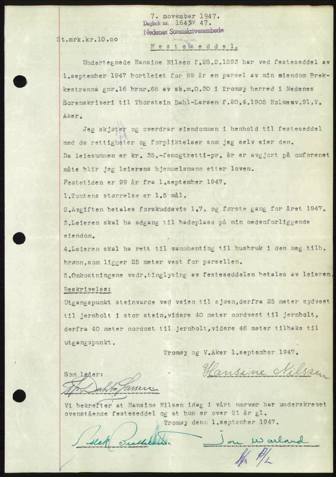 Nedenes sorenskriveri, AV/SAK-1221-0006/G/Gb/Gba/L0058: Mortgage book no. A10, 1947-1948, Diary no: : 1643/1947