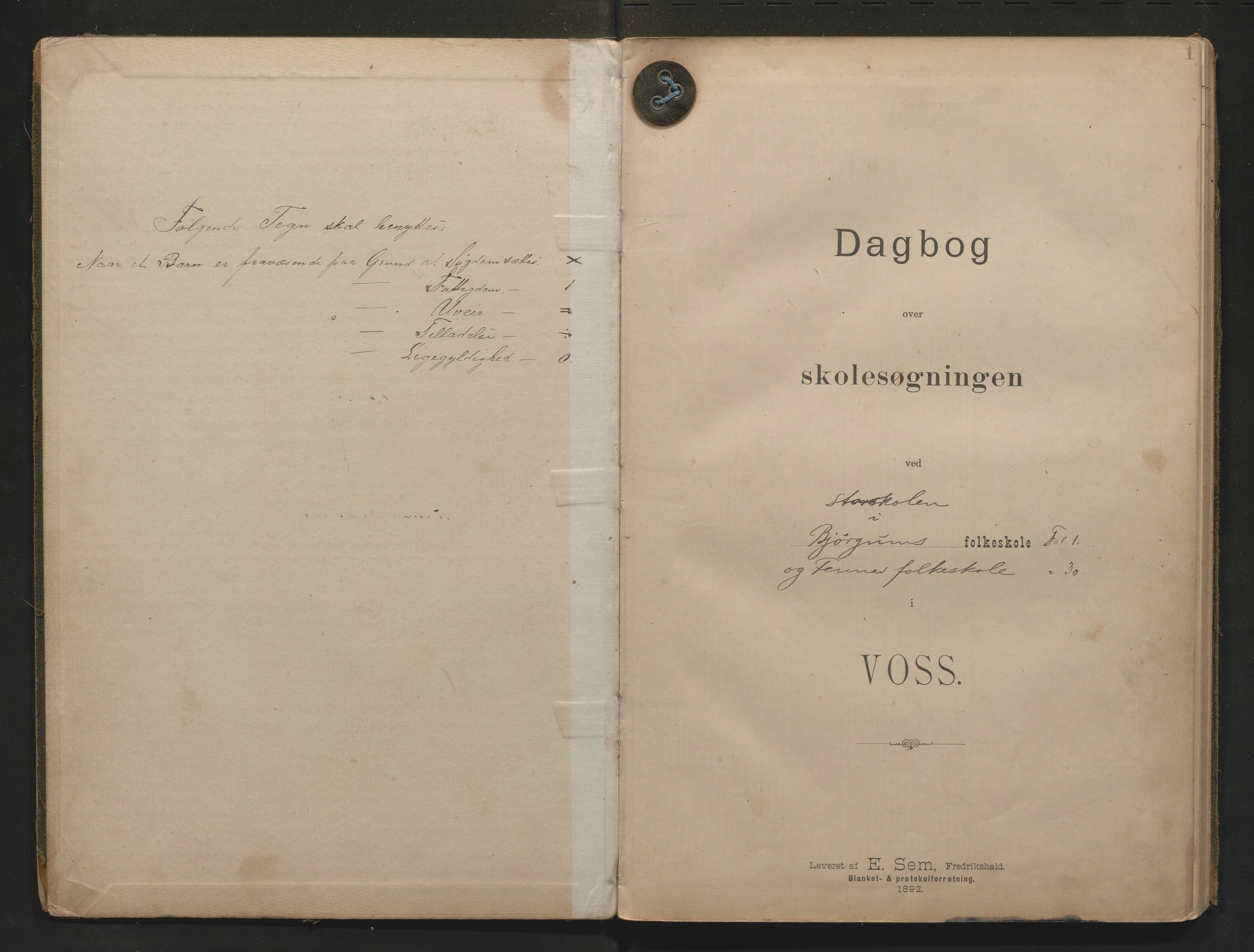 Voss kommune. Barneskulane, IKAH/1235-231/G/Gh/L0003: Dagbok for Bjørgum og Fenne krinsar m/inventarliste, 1892-1905