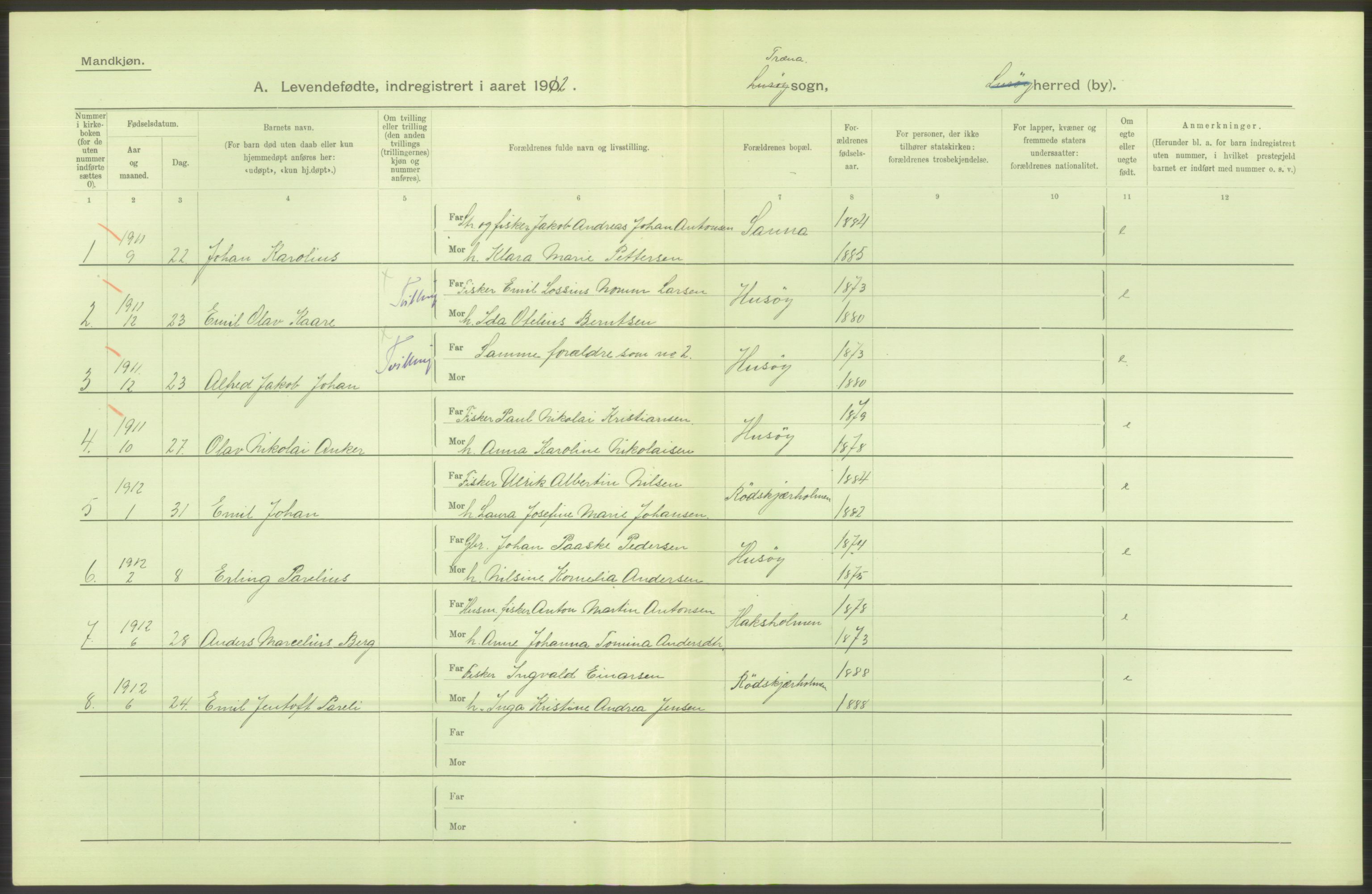 Statistisk sentralbyrå, Sosiodemografiske emner, Befolkning, AV/RA-S-2228/D/Df/Dfb/Dfbb/L0046: Nordlands amt: Levendefødte menn og kvinner. Bygder., 1912, p. 26
