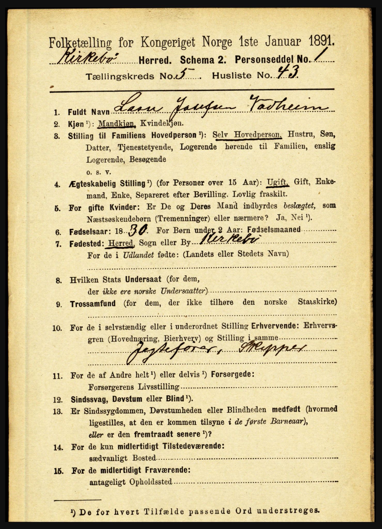 RA, 1891 census for 1416 Kyrkjebø, 1891, p. 1311