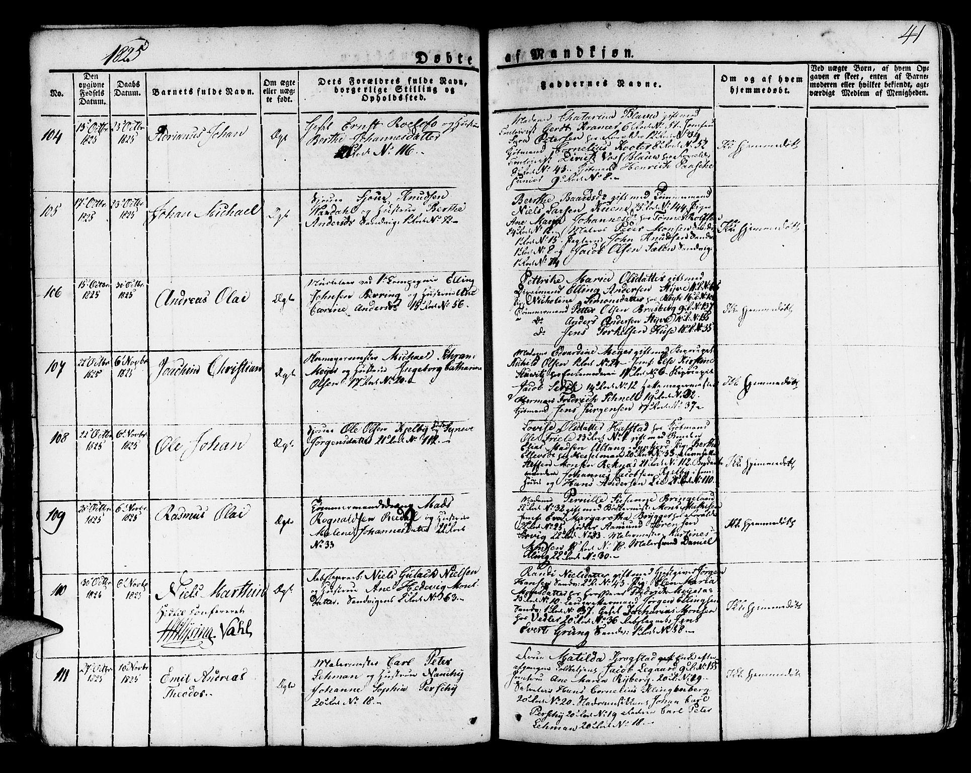 Korskirken sokneprestembete, AV/SAB-A-76101/H/Haa/L0014: Parish register (official) no. A 14, 1823-1835, p. 41