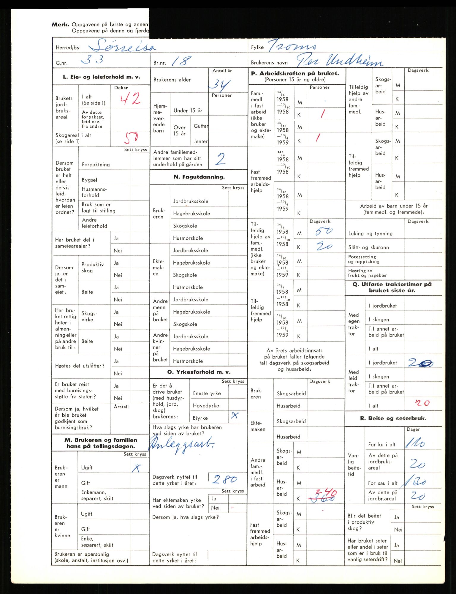 Statistisk sentralbyrå, Næringsøkonomiske emner, Jordbruk, skogbruk, jakt, fiske og fangst, AV/RA-S-2234/G/Gd/L0656: Troms: 1924 Målselv (kl. 0-3) og 1925 Sørreisa, 1959, p. 1926