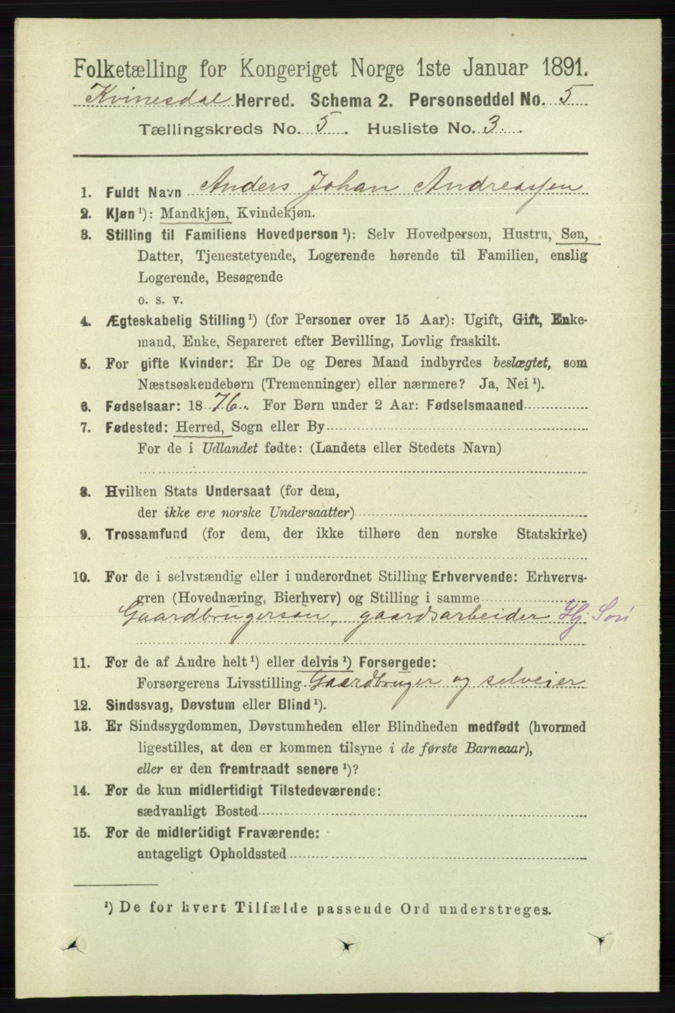 RA, 1891 census for 1037 Kvinesdal, 1891, p. 1716