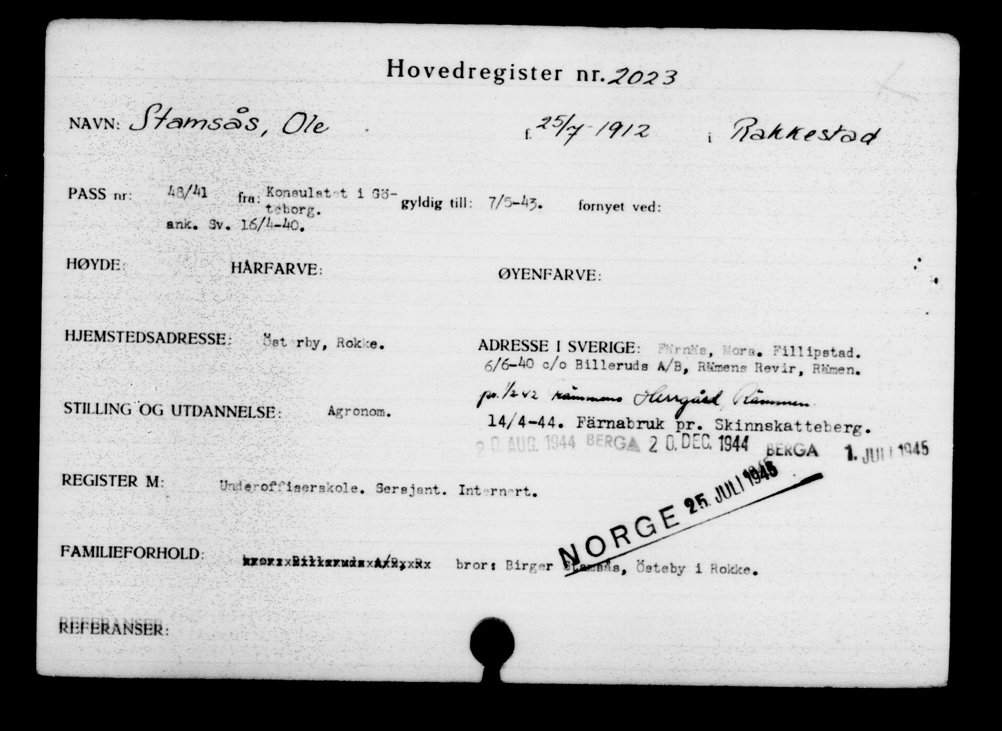 Utenriksstasjonene, Legasjonen i Stockholm, Flyktningkontoret, AV/RA-S-6753/V/Va/L0003: Kjesäterkartoteket, flyktninger med registreringsnr. 2001-3495, 1940-1945, p. 29