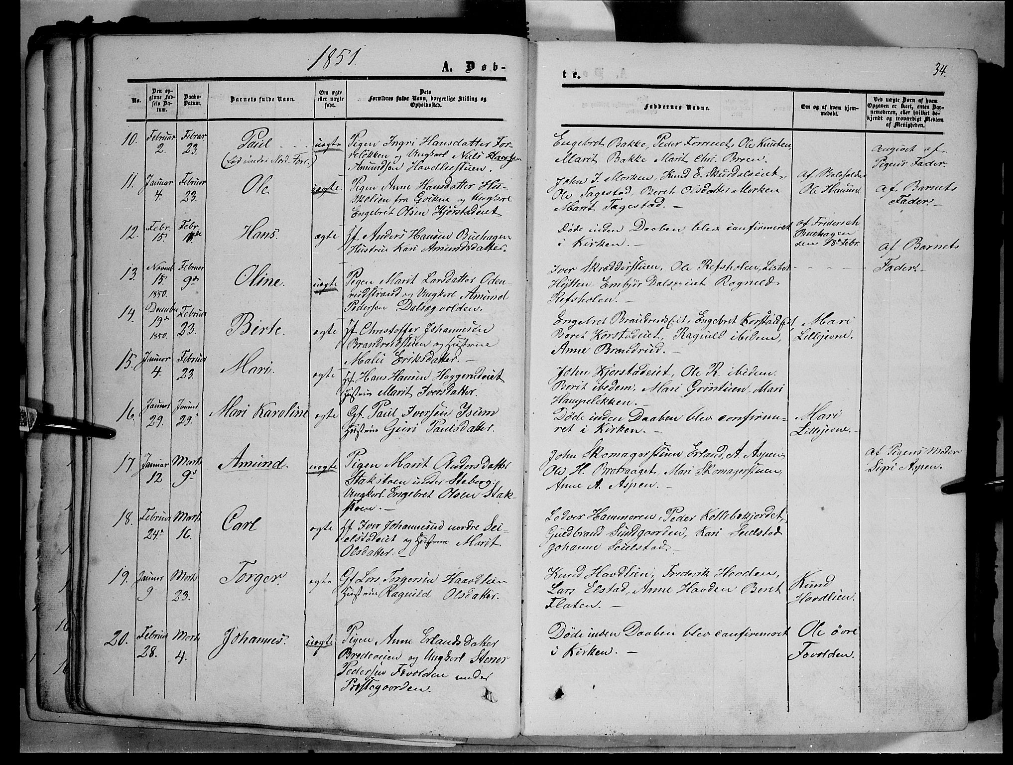 Sør-Fron prestekontor, AV/SAH-PREST-010/H/Ha/Haa/L0001: Parish register (official) no. 1, 1849-1863, p. 34