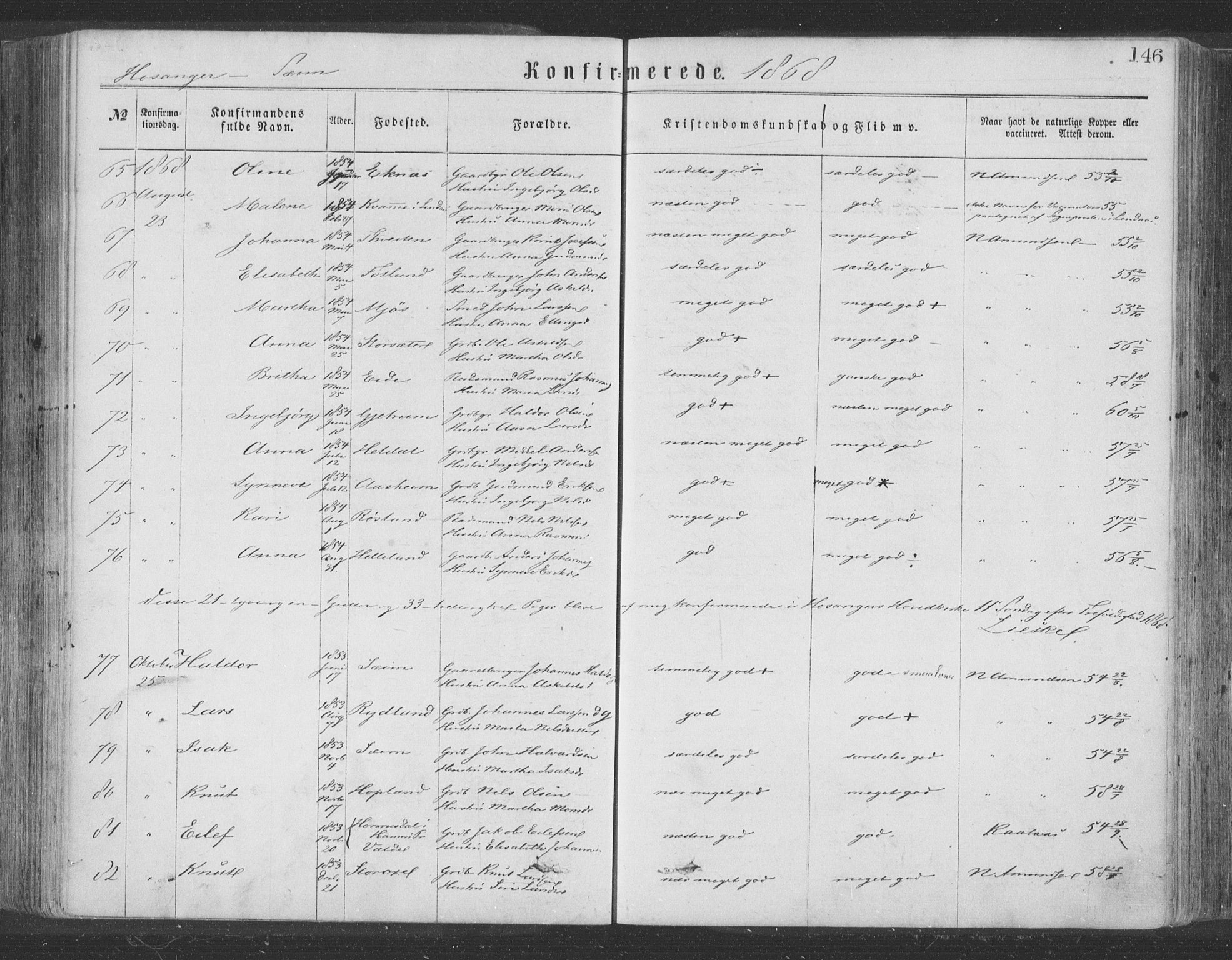 Hosanger sokneprestembete, SAB/A-75801/H/Haa: Parish register (official) no. A 9, 1864-1876, p. 146