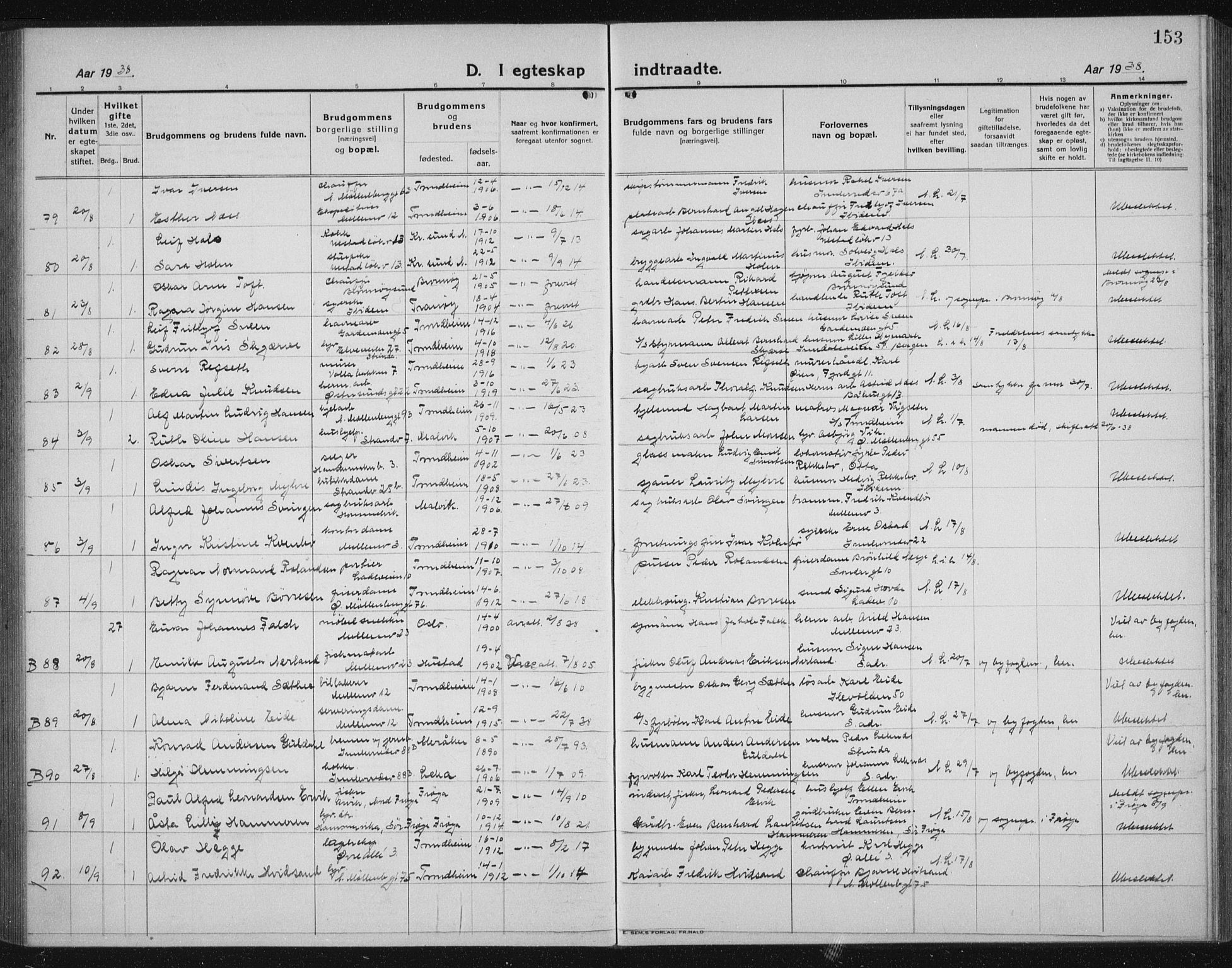 Ministerialprotokoller, klokkerbøker og fødselsregistre - Sør-Trøndelag, AV/SAT-A-1456/605/L0260: Parish register (copy) no. 605C07, 1922-1942, p. 153