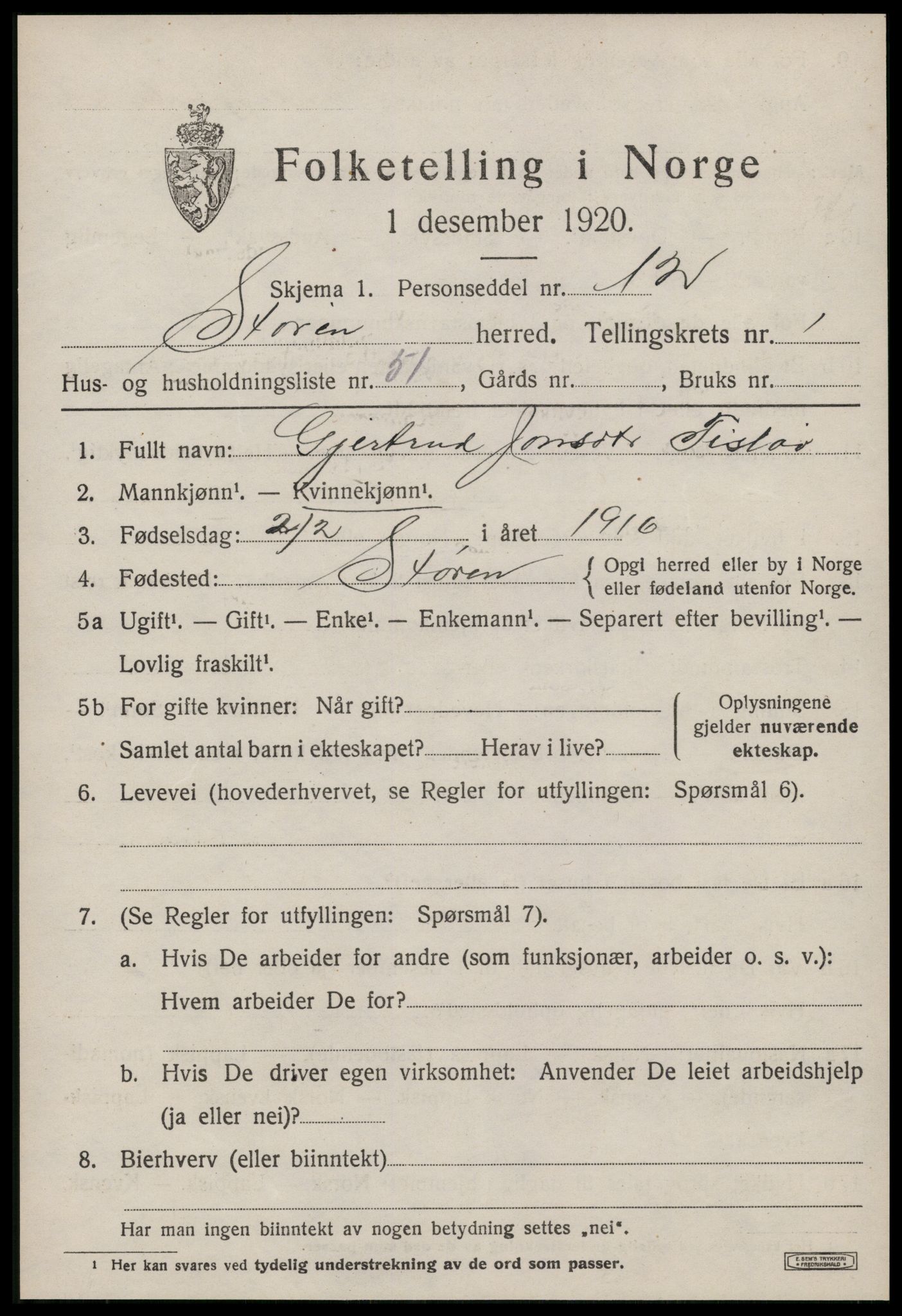 SAT, 1920 census for Støren, 1920, p. 1388