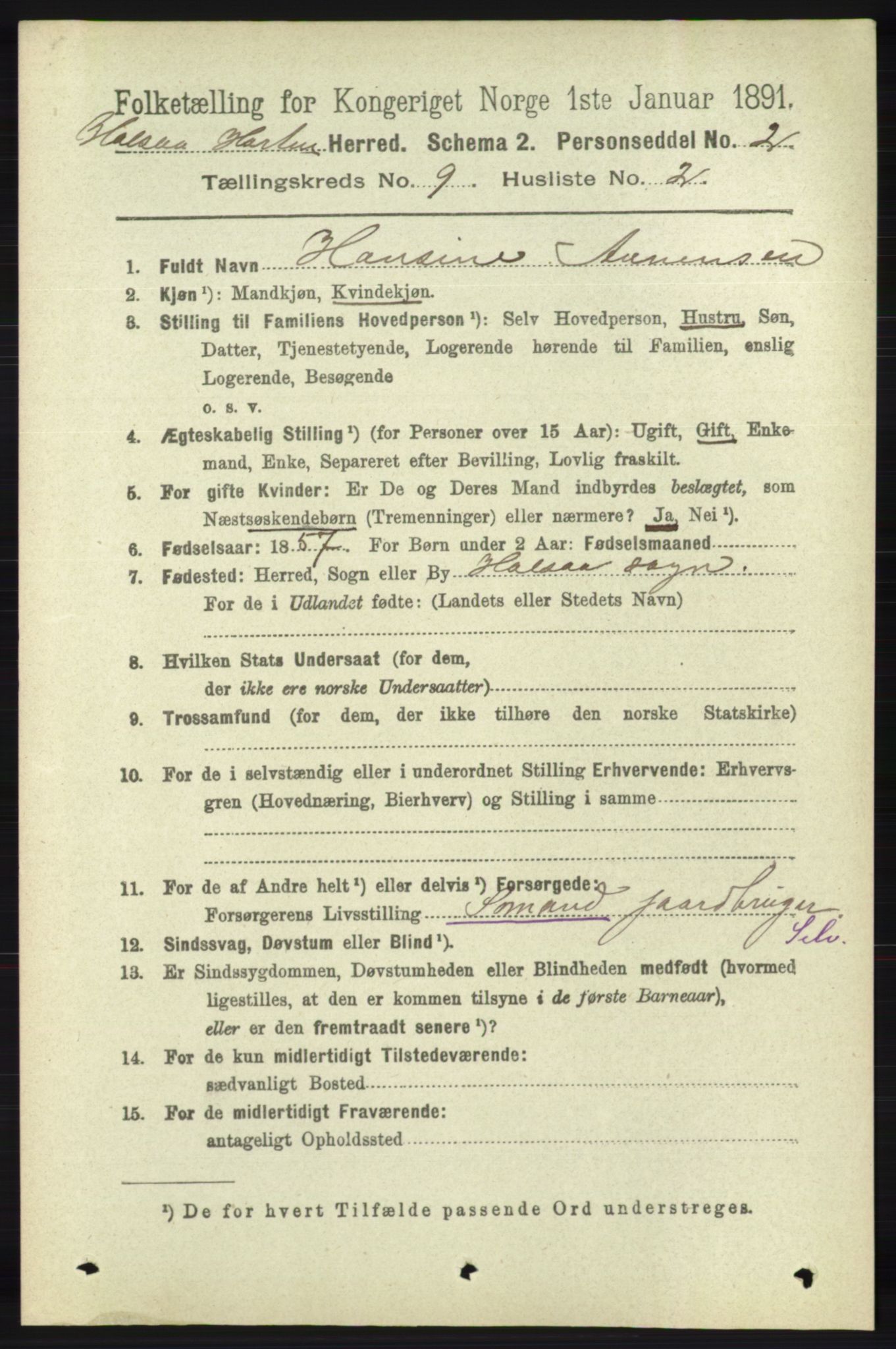 RA, 1891 census for 1019 Halse og Harkmark, 1891, p. 3600