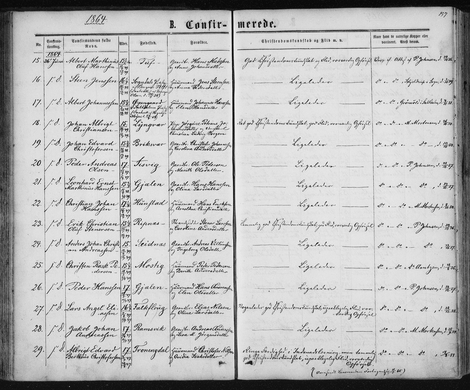 Ministerialprotokoller, klokkerbøker og fødselsregistre - Nordland, SAT/A-1459/801/L0008: Parish register (official) no. 801A08, 1864-1875, p. 157