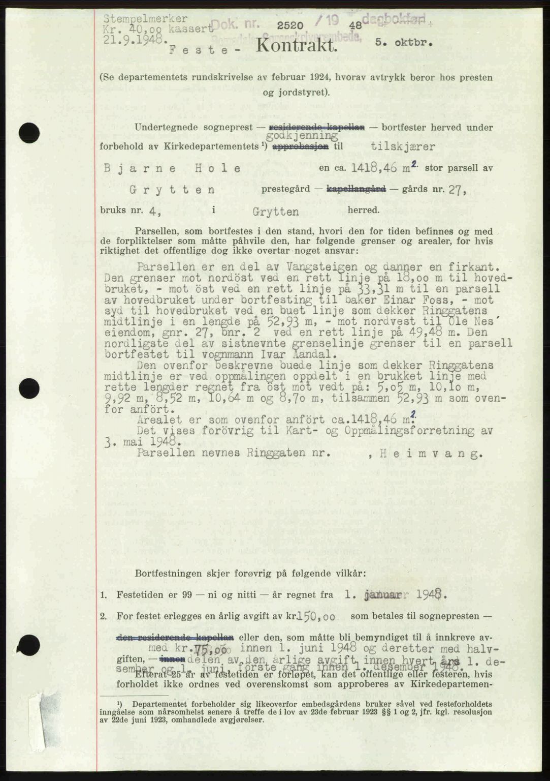 Romsdal sorenskriveri, AV/SAT-A-4149/1/2/2C: Mortgage book no. A27, 1948-1948, Diary no: : 2520/1948