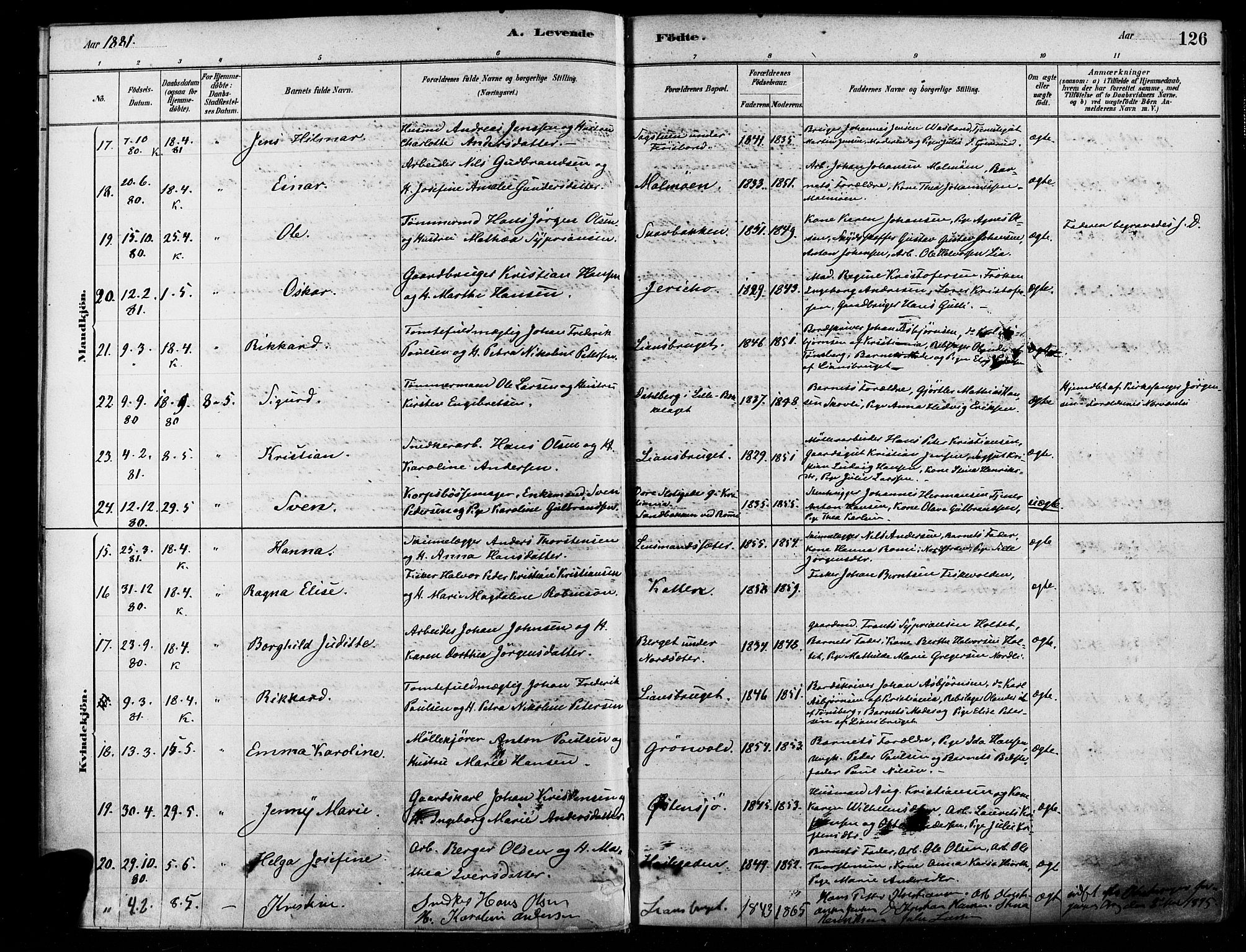 Østre Aker prestekontor Kirkebøker, SAO/A-10840/F/Fa/L0006: Parish register (official) no. I 5, 1879-1882, p. 126