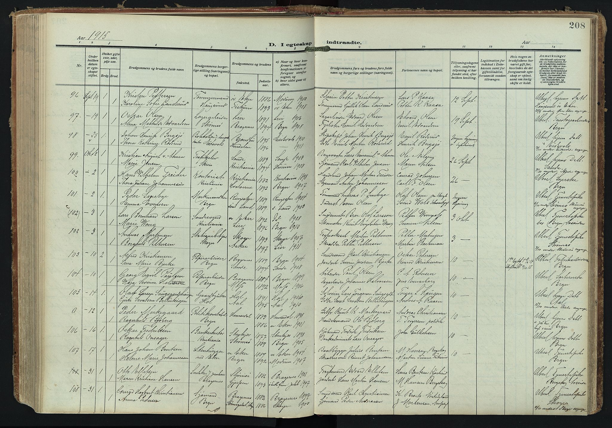 Bragernes kirkebøker, SAKO/A-6/F/Fc/L0008: Parish register (official) no. III 8, 1909-1921, p. 208