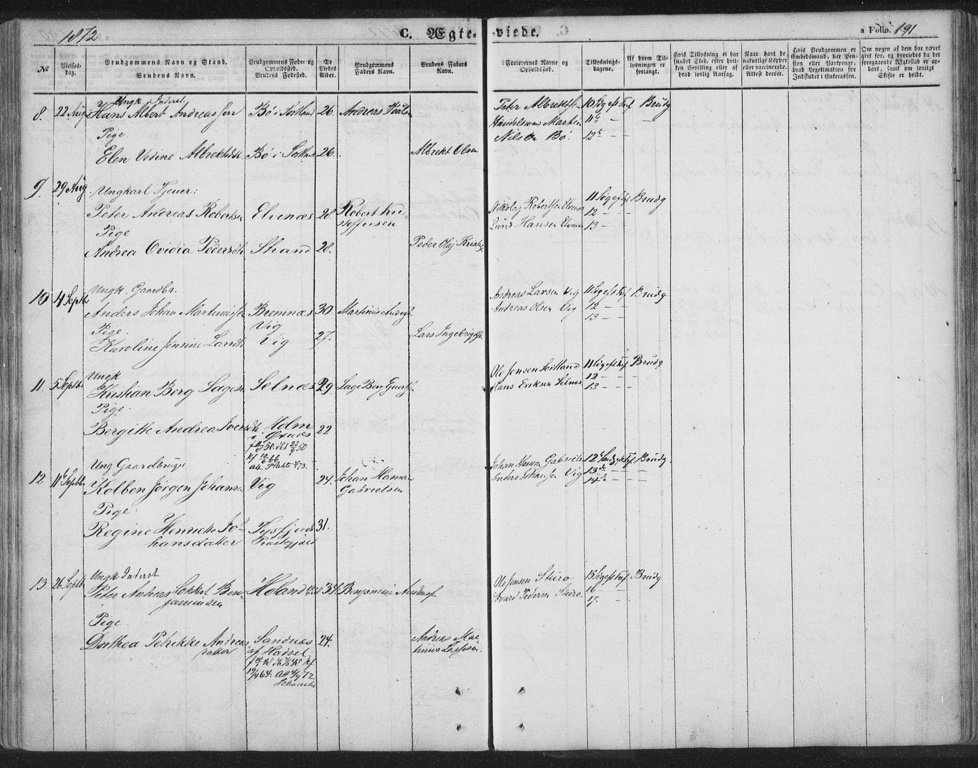 Ministerialprotokoller, klokkerbøker og fødselsregistre - Nordland, AV/SAT-A-1459/895/L1369: Parish register (official) no. 895A04, 1852-1872, p. 191