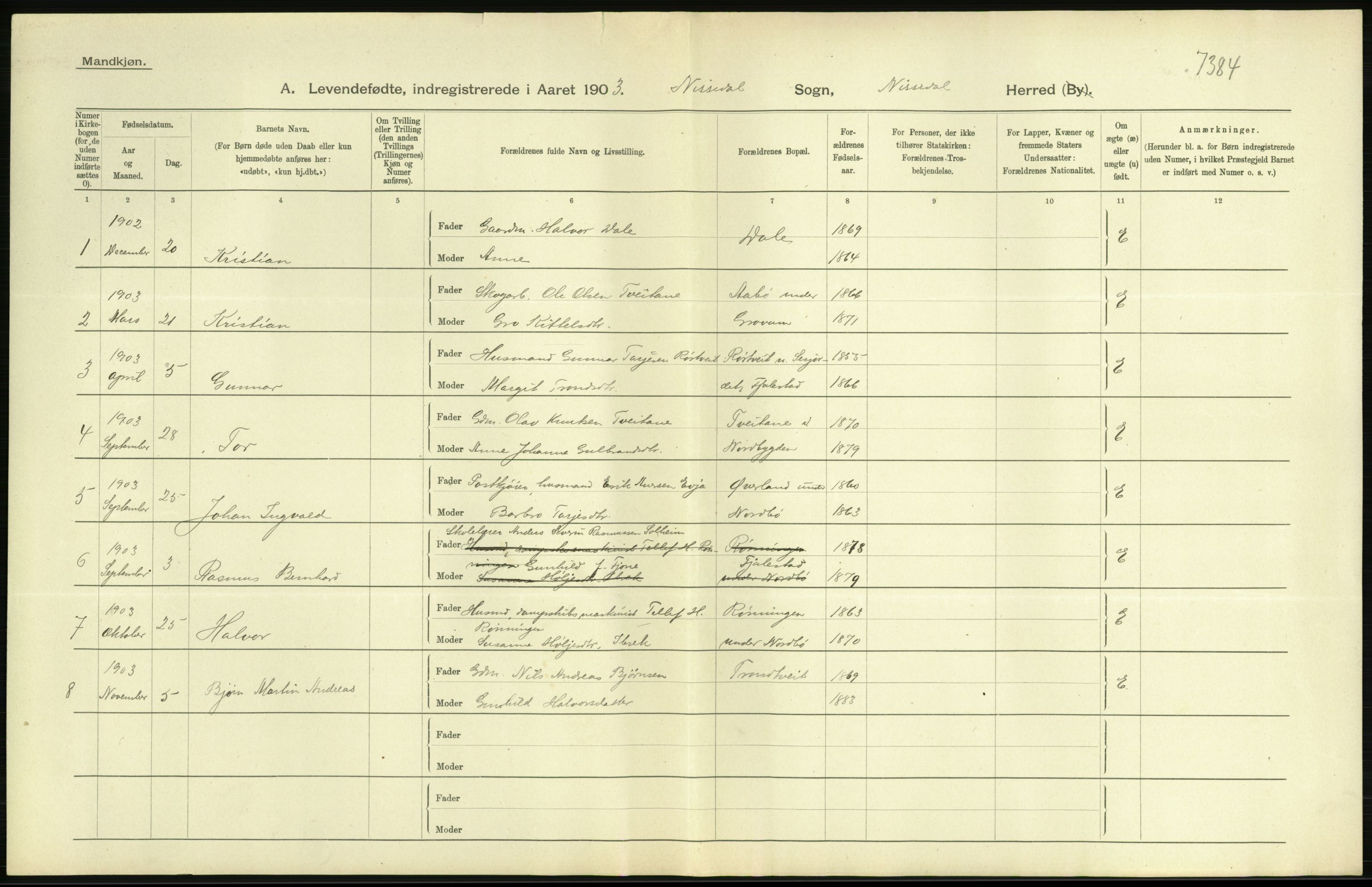 Statistisk sentralbyrå, Sosiodemografiske emner, Befolkning, RA/S-2228/D/Df/Dfa/Dfaa/L0009: Bratsberg amt: Fødte, gifte, døde, 1903, p. 44