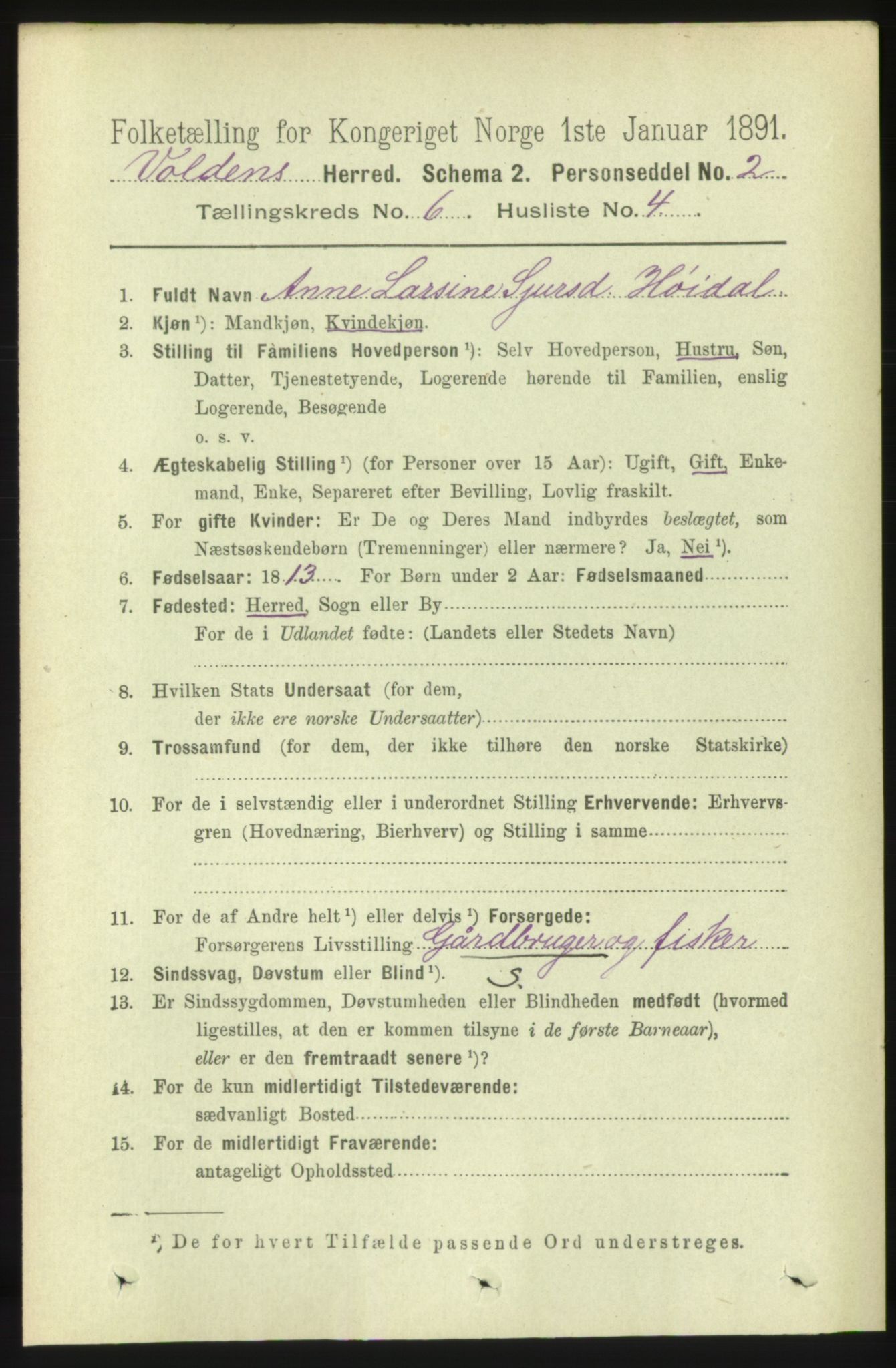 RA, 1891 census for 1519 Volda, 1891, p. 2886