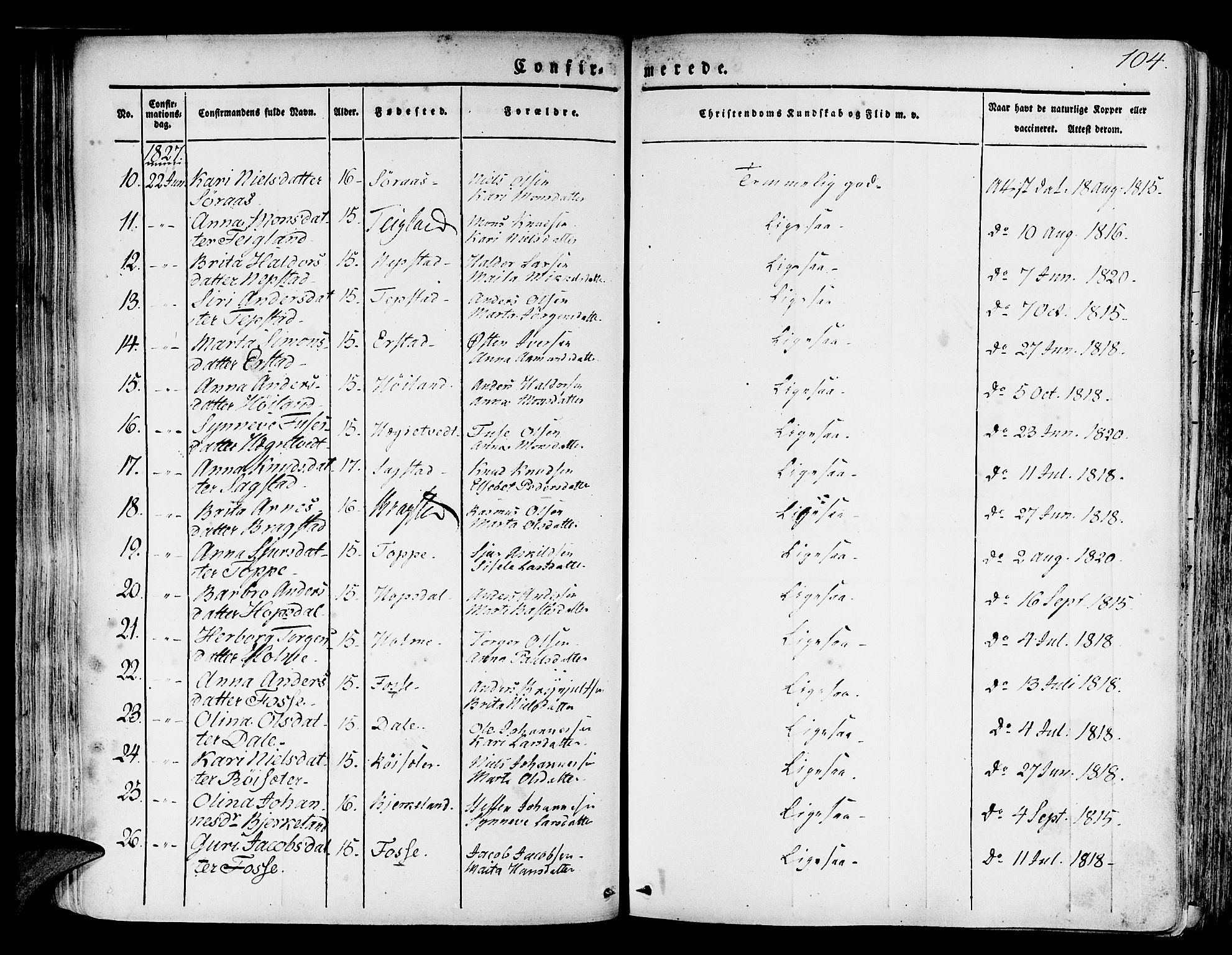Hamre sokneprestembete, SAB/A-75501/H/Ha/Haa/Haaa/L0011: Parish register (official) no. A 11, 1826-1834, p. 104