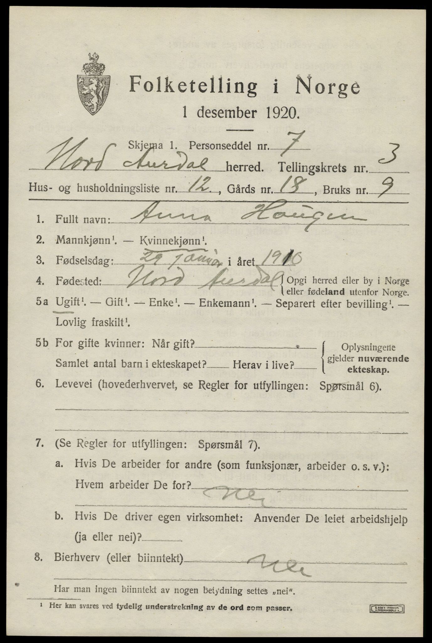 SAH, 1920 census for Nord-Aurdal, 1920, p. 3308