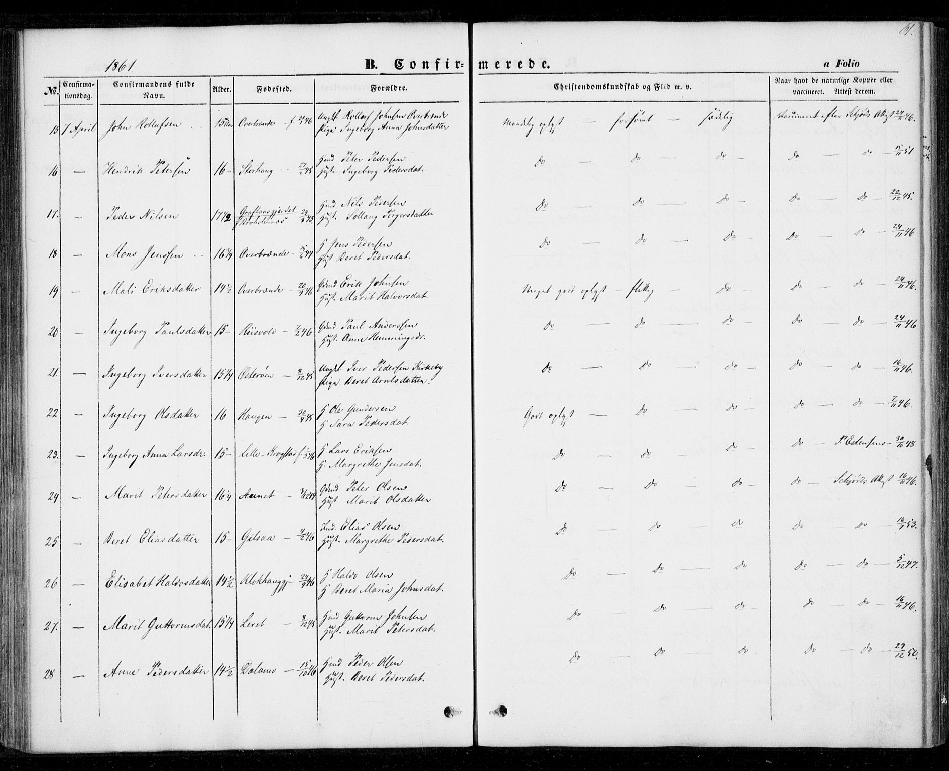 Ministerialprotokoller, klokkerbøker og fødselsregistre - Nord-Trøndelag, AV/SAT-A-1458/706/L0040: Parish register (official) no. 706A01, 1850-1861, p. 61