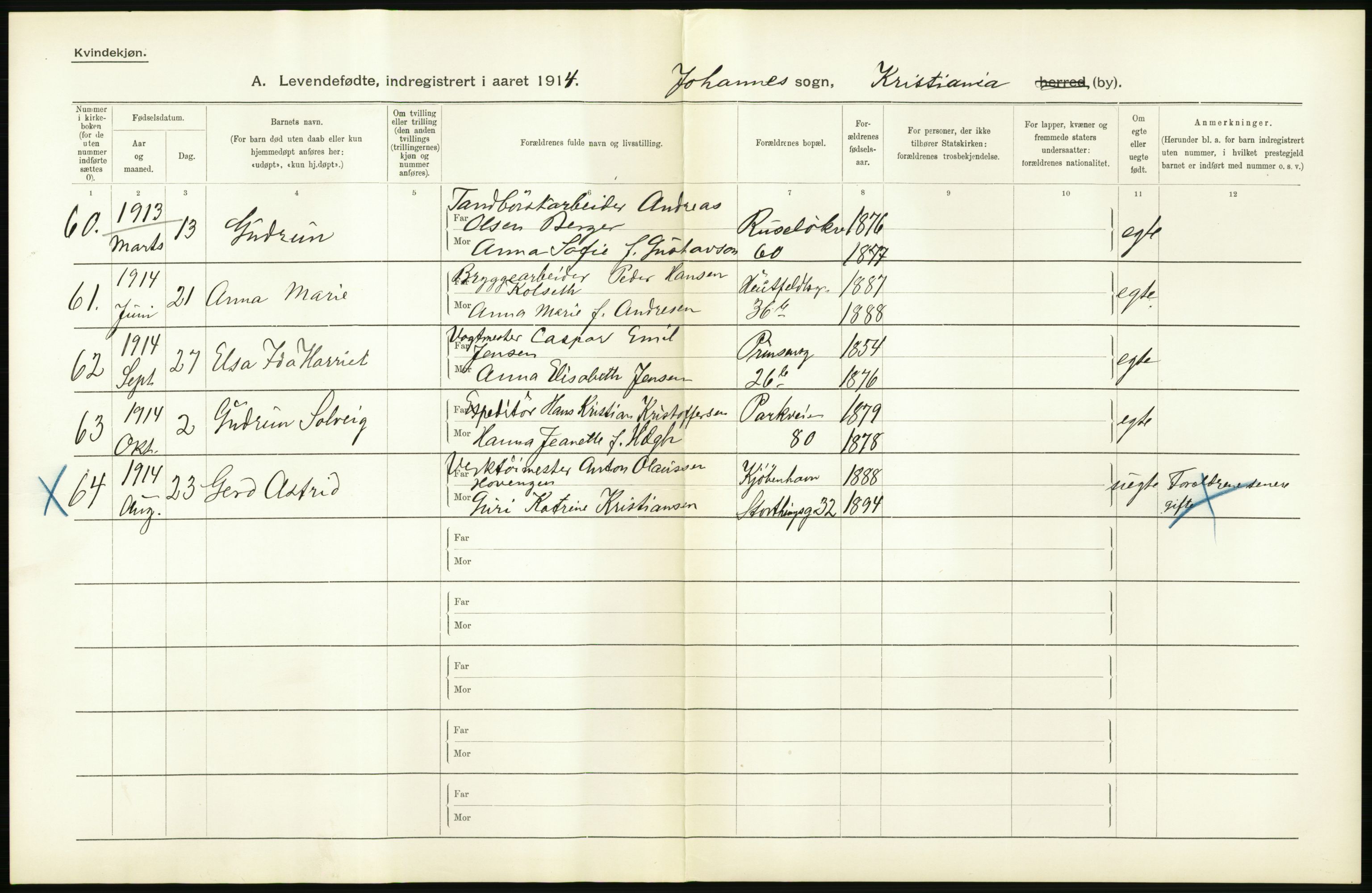Statistisk sentralbyrå, Sosiodemografiske emner, Befolkning, AV/RA-S-2228/D/Df/Dfb/Dfbd/L0006: Kristiania: Levendefødte menn og kvinner., 1914, p. 26