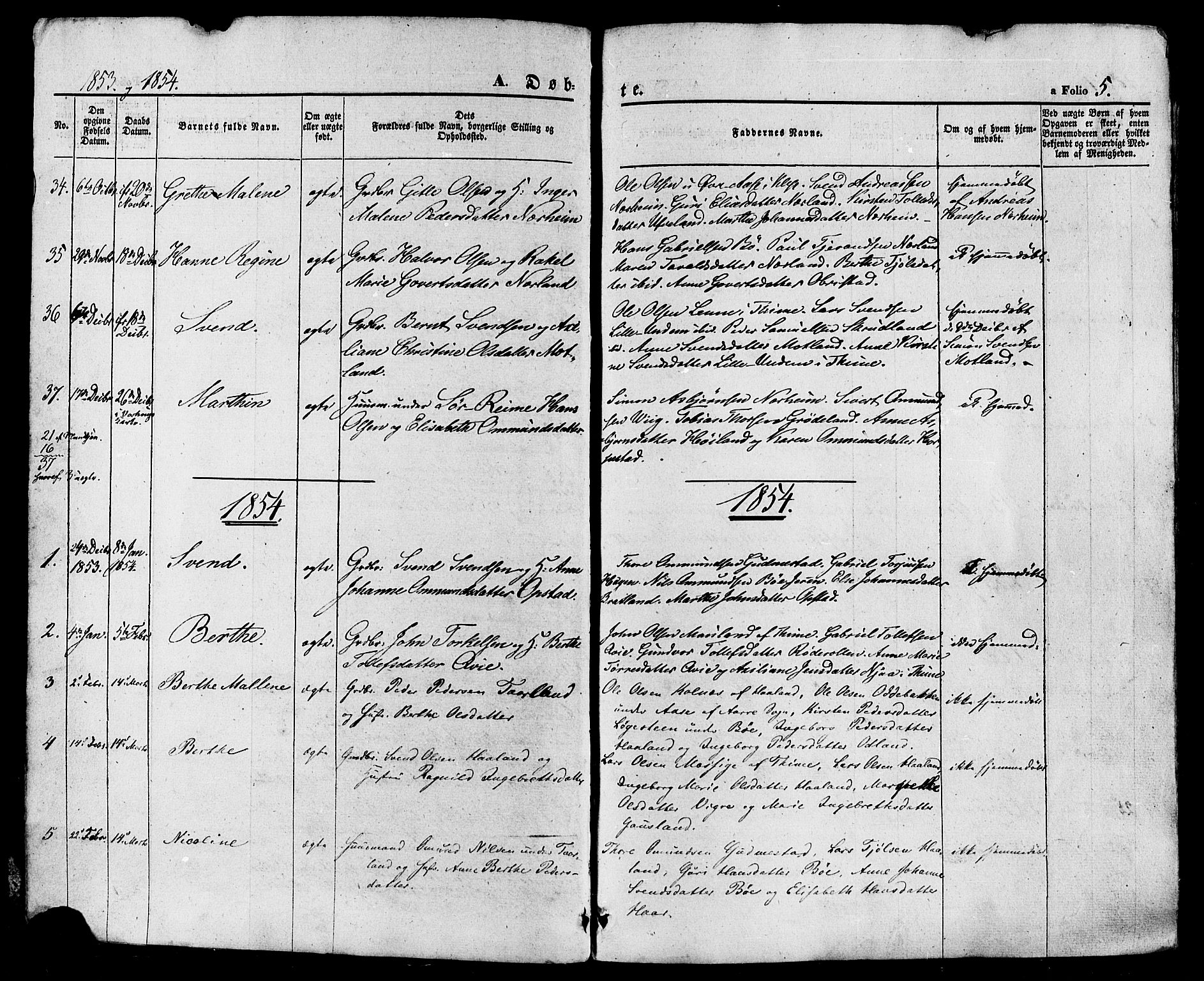 Hå sokneprestkontor, AV/SAST-A-101801/001/30BA/L0008: Parish register (official) no. A 7, 1853-1878, p. 5