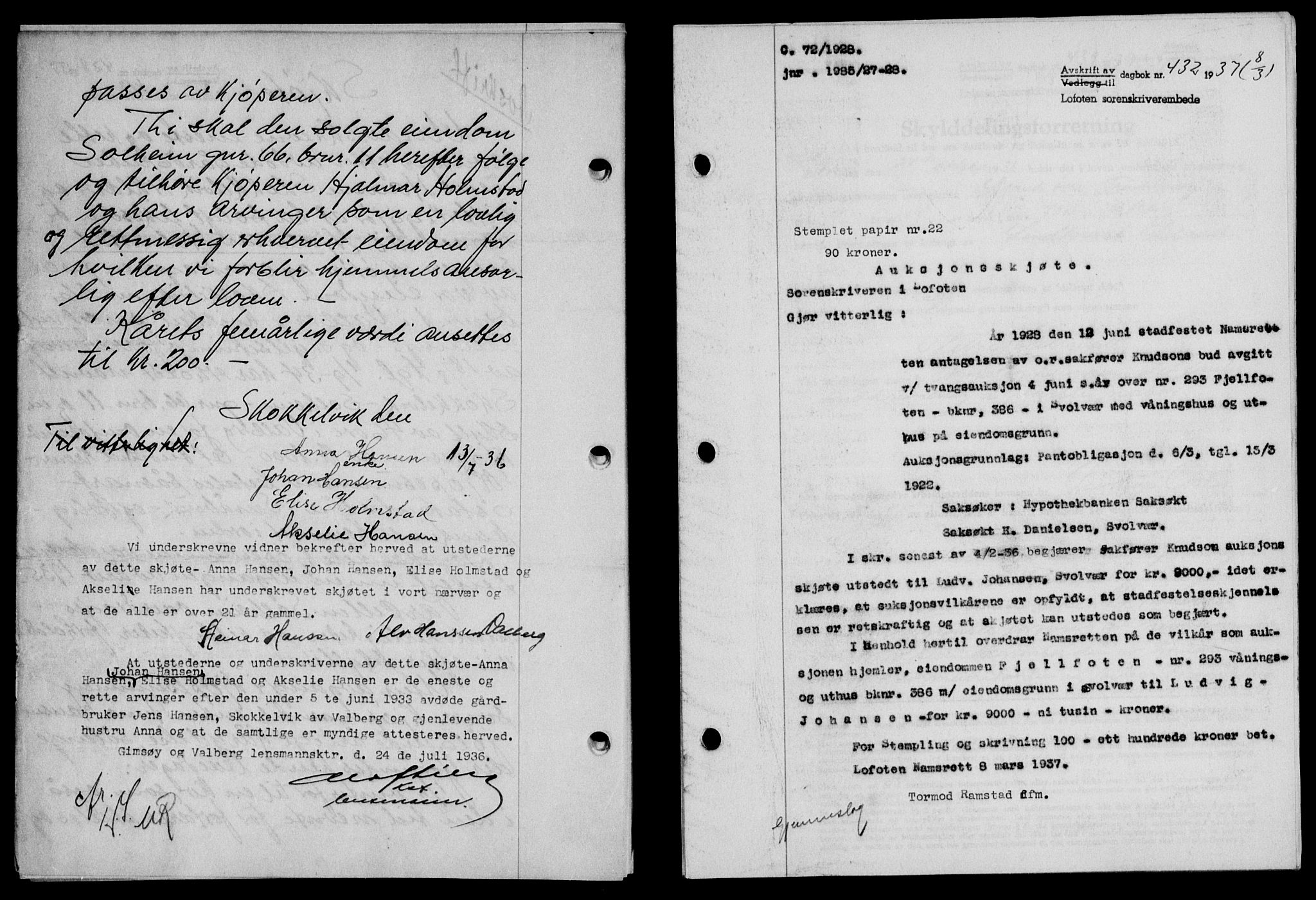Lofoten sorenskriveri, SAT/A-0017/1/2/2C/L0002a: Mortgage book no. 2a, 1937-1937, Diary no: : 432/1937