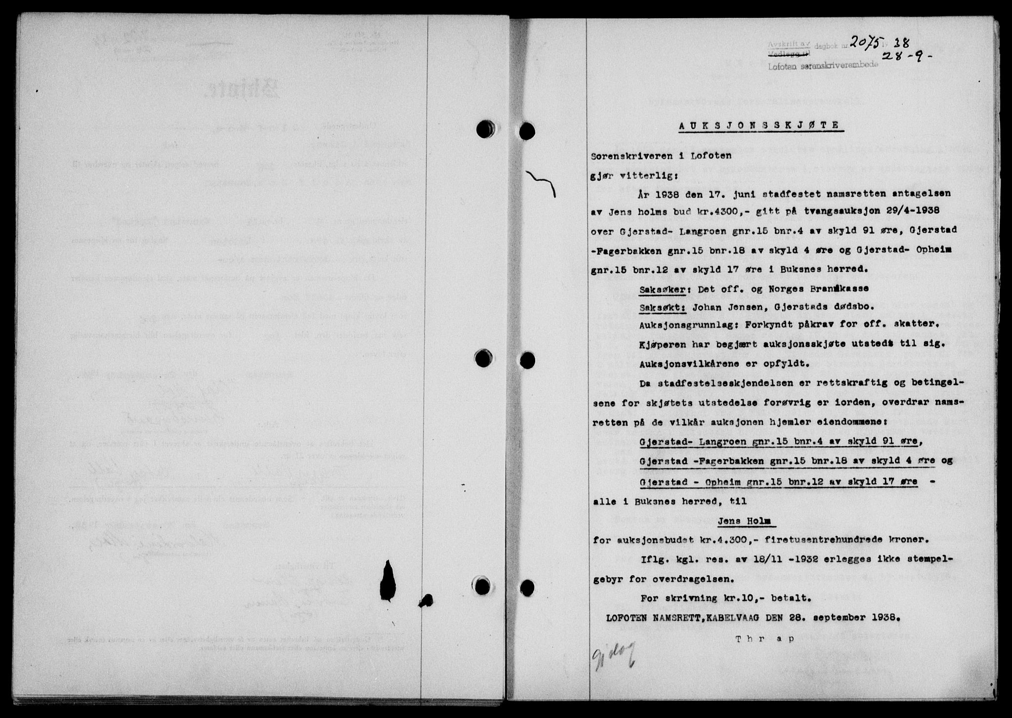 Lofoten sorenskriveri, SAT/A-0017/1/2/2C/L0004a: Mortgage book no. 4a, 1938-1938, Diary no: : 2075/1938