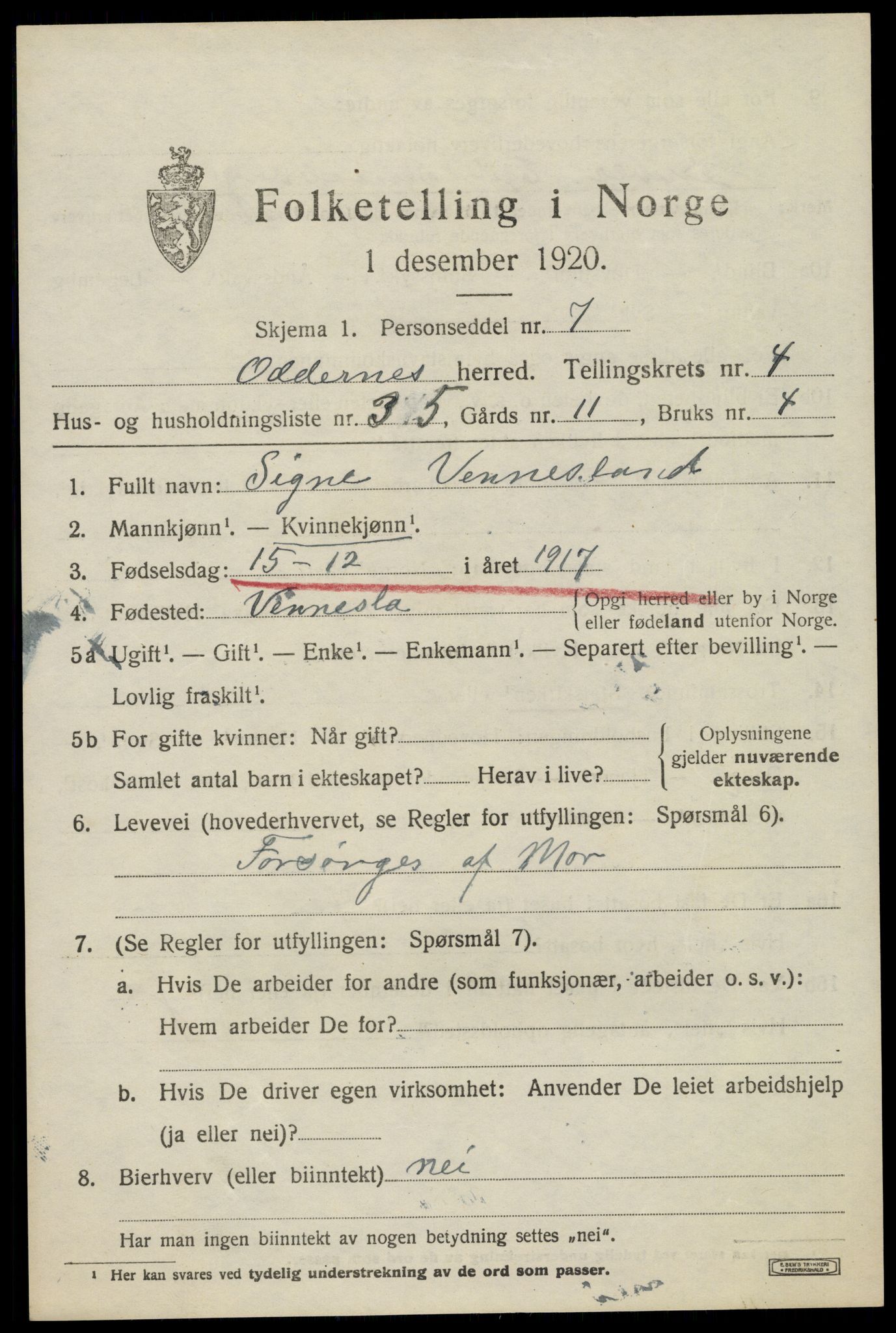 SAK, 1920 census for Oddernes, 1920, p. 4381