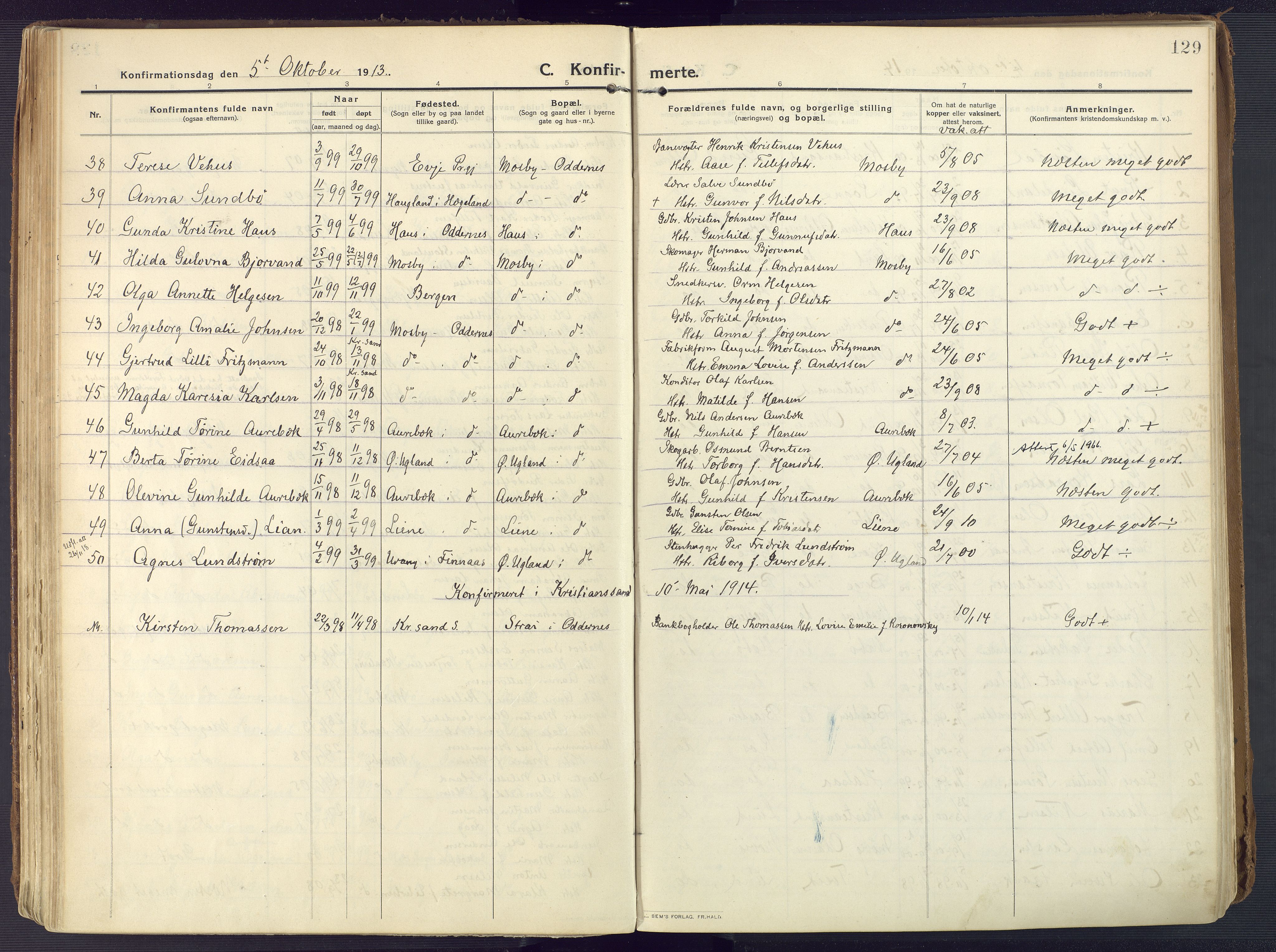 Oddernes sokneprestkontor, AV/SAK-1111-0033/F/Fa/Faa/L0012: Parish register (official) no. A 12, 1912-1925, p. 129