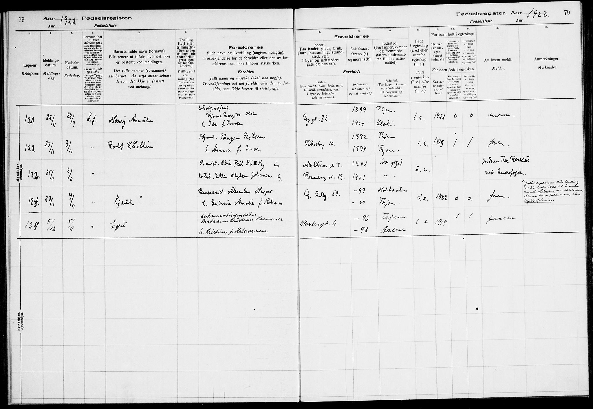 Ministerialprotokoller, klokkerbøker og fødselsregistre - Sør-Trøndelag, AV/SAT-A-1456/604/L0233: Birth register no. 604.II.4.2, 1920-1928, p. 79