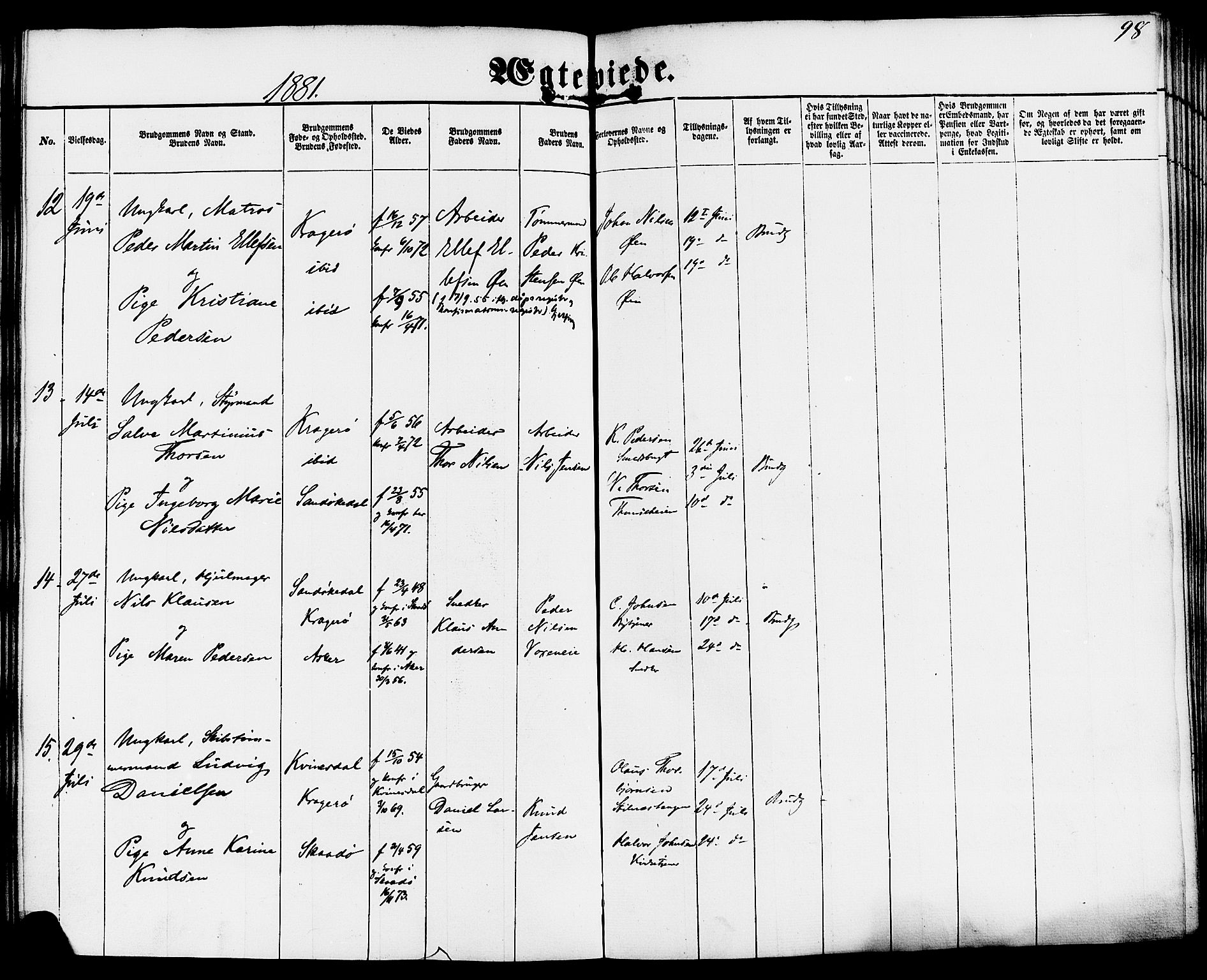 Kragerø kirkebøker, AV/SAKO-A-278/F/Fa/L0009: Parish register (official) no. 9, 1861-1886, p. 98