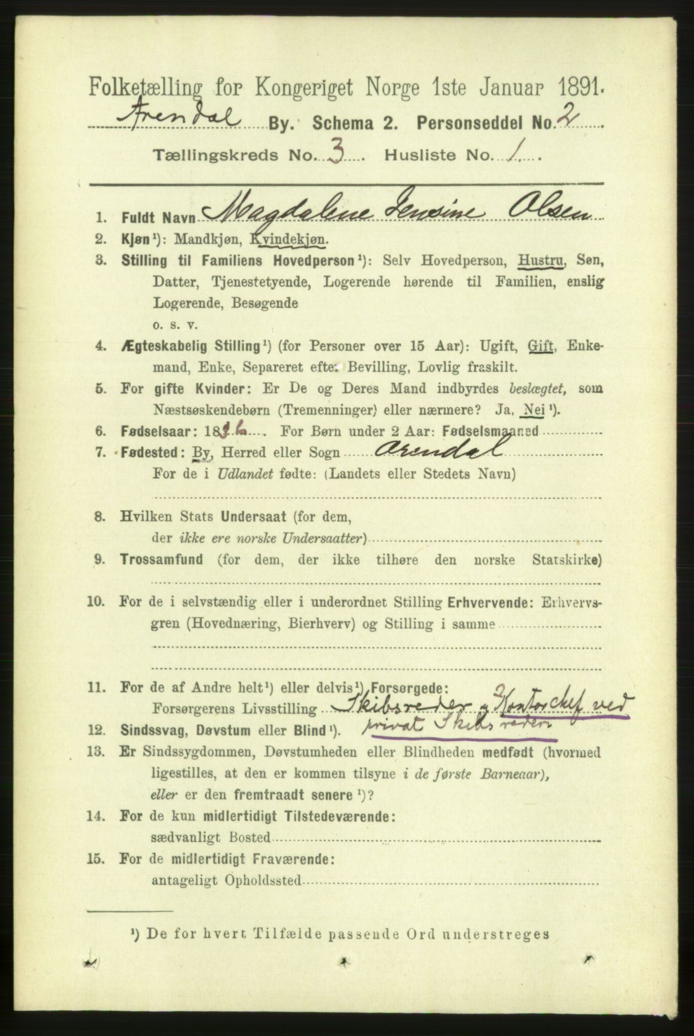 RA, 1891 census for 0903 Arendal, 1891, p. 1439