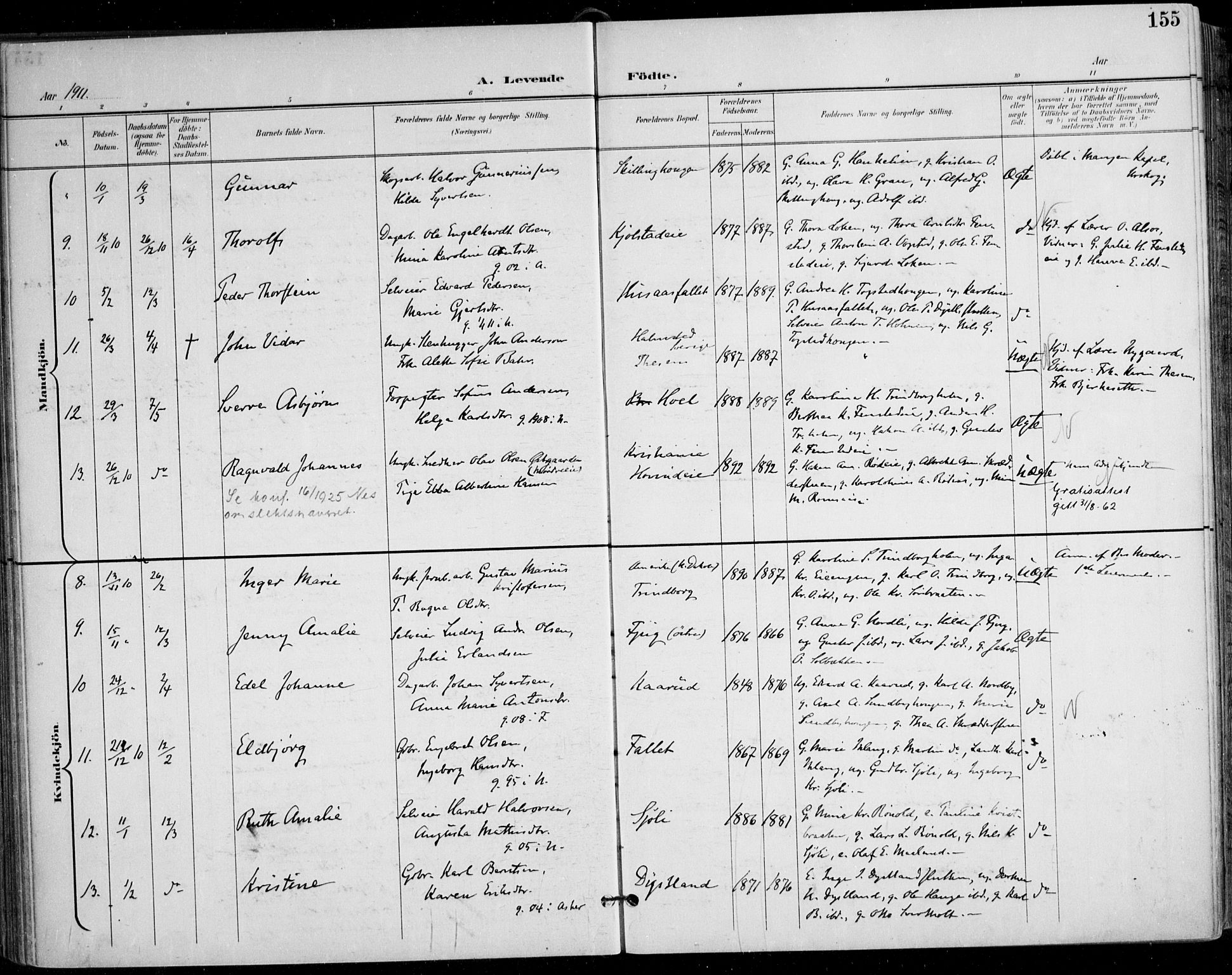 Nes prestekontor Kirkebøker, SAO/A-10410/F/Fa/L0011: Parish register (official) no. I 11, 1899-1918, p. 155