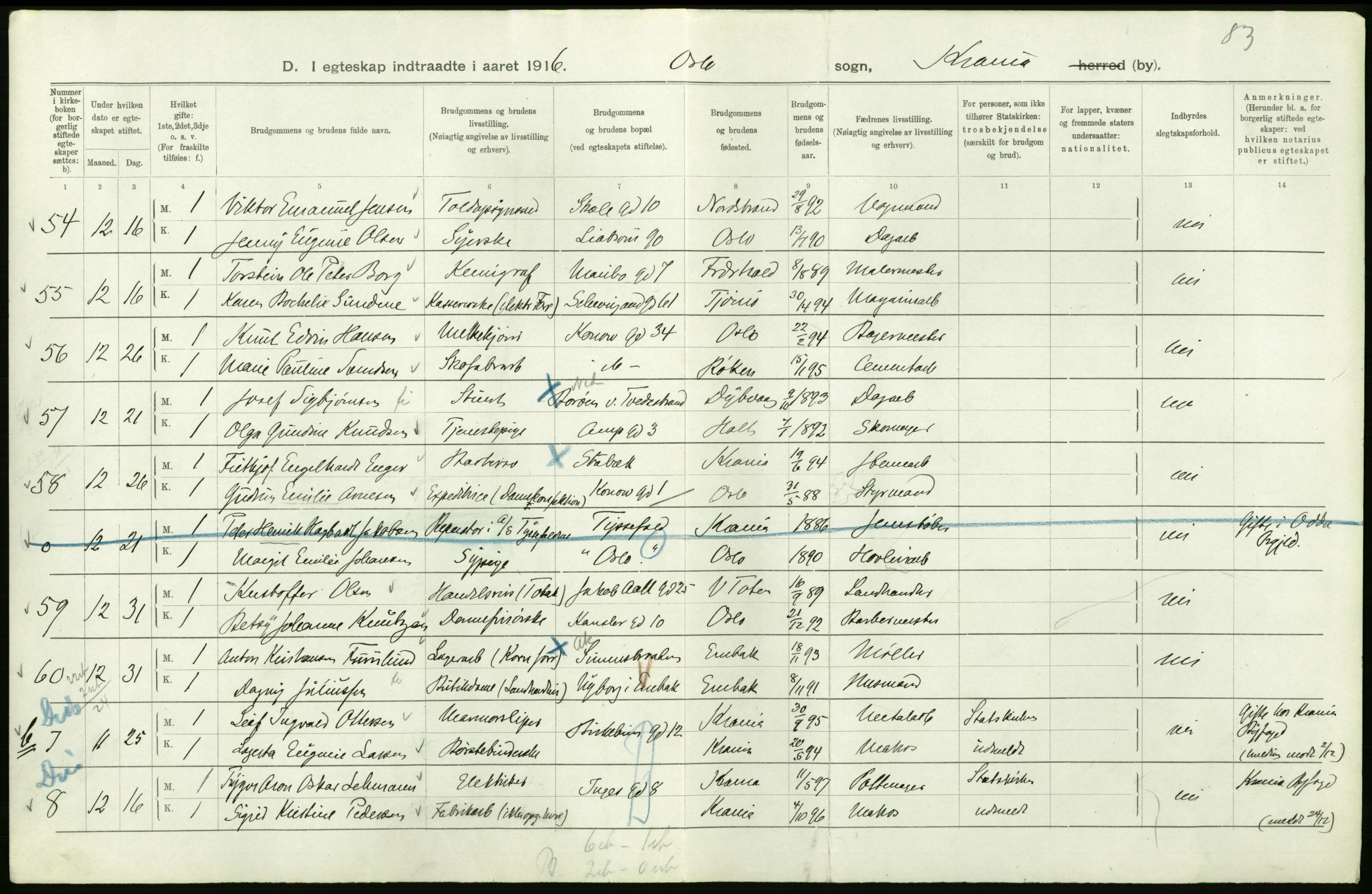 Statistisk sentralbyrå, Sosiodemografiske emner, Befolkning, AV/RA-S-2228/D/Df/Dfb/Dfbf/L0008: Kristiania: Gifte, 1916, p. 852