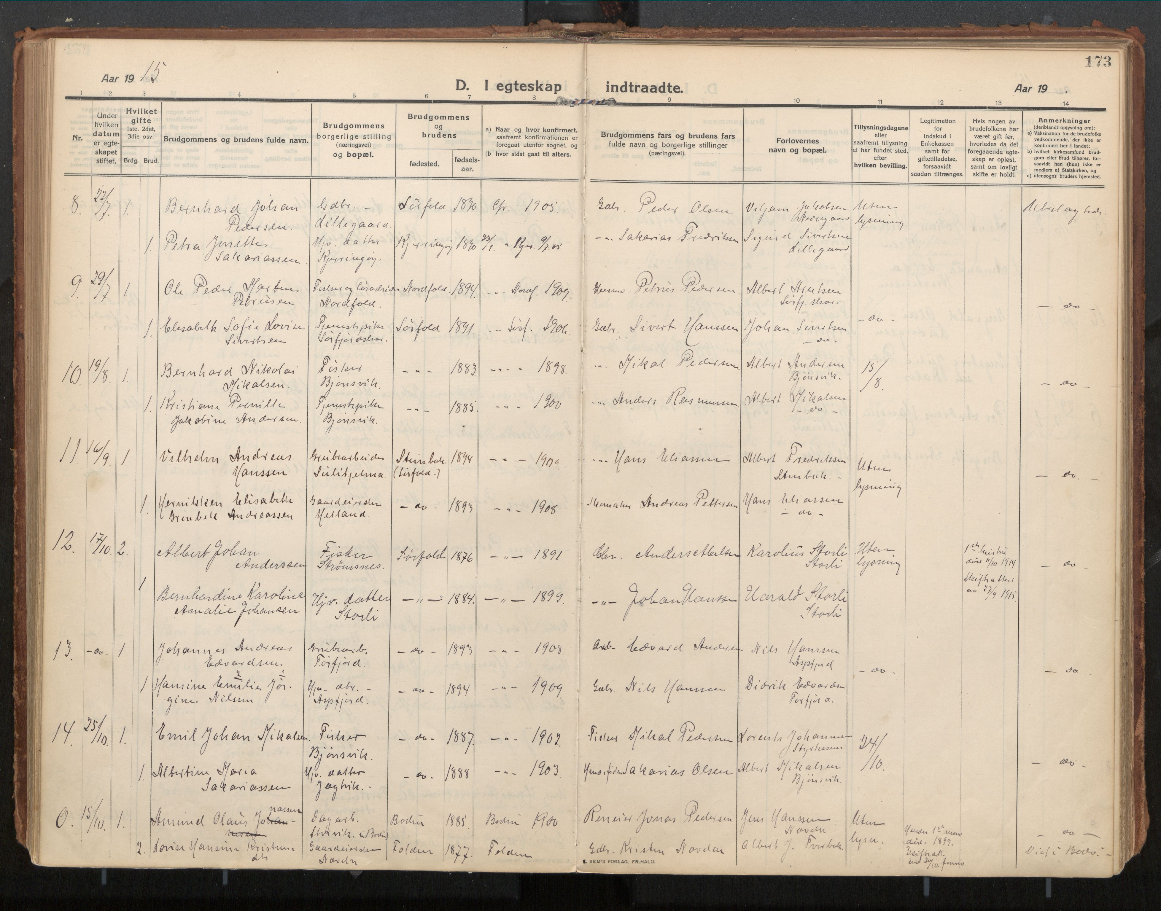 Ministerialprotokoller, klokkerbøker og fødselsregistre - Nordland, AV/SAT-A-1459/854/L0784: Parish register (official) no. 854A07, 1910-1922, p. 173