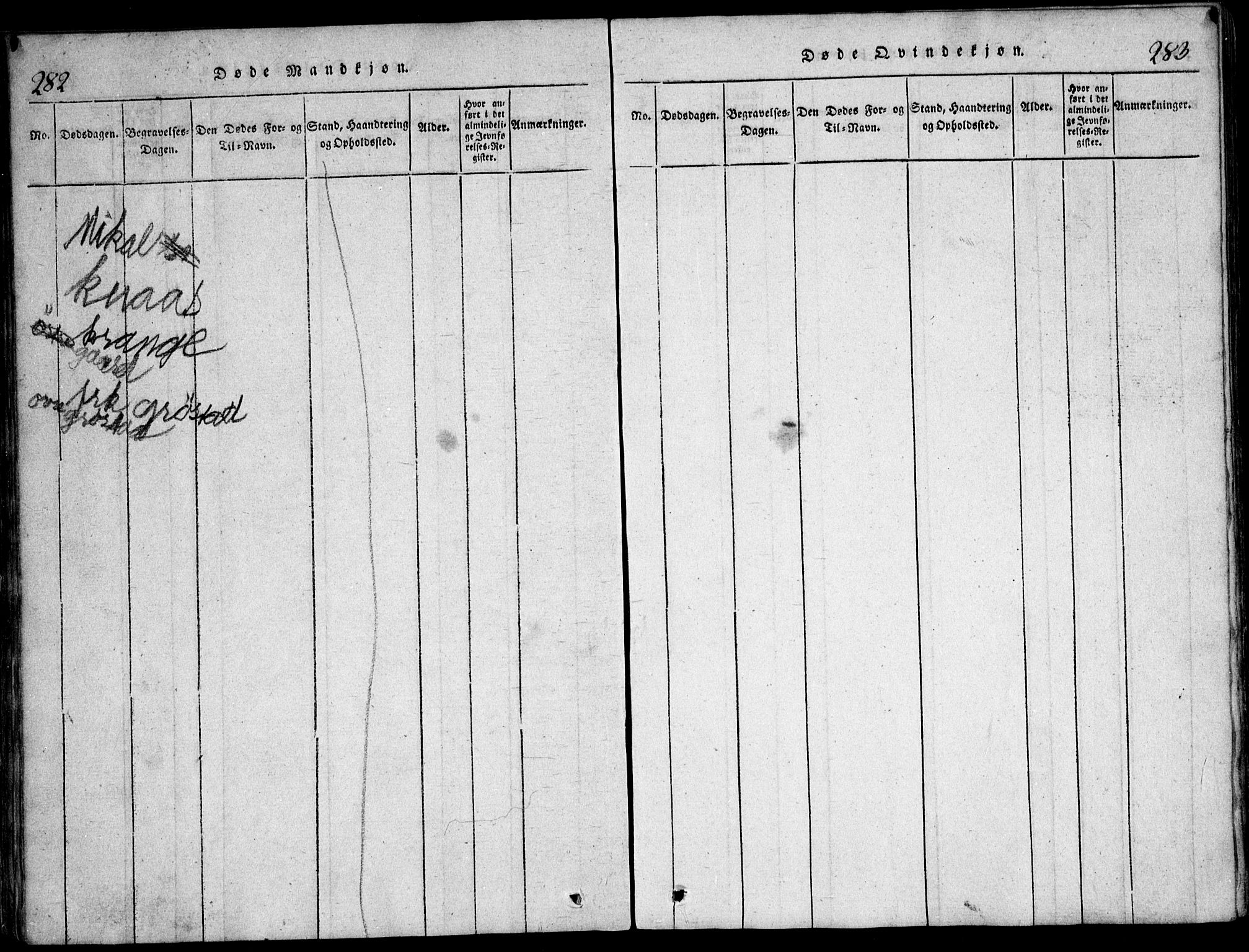 Nesodden prestekontor Kirkebøker, AV/SAO-A-10013/G/Ga/L0001: Parish register (copy) no. I 1, 1814-1847, p. 282-283