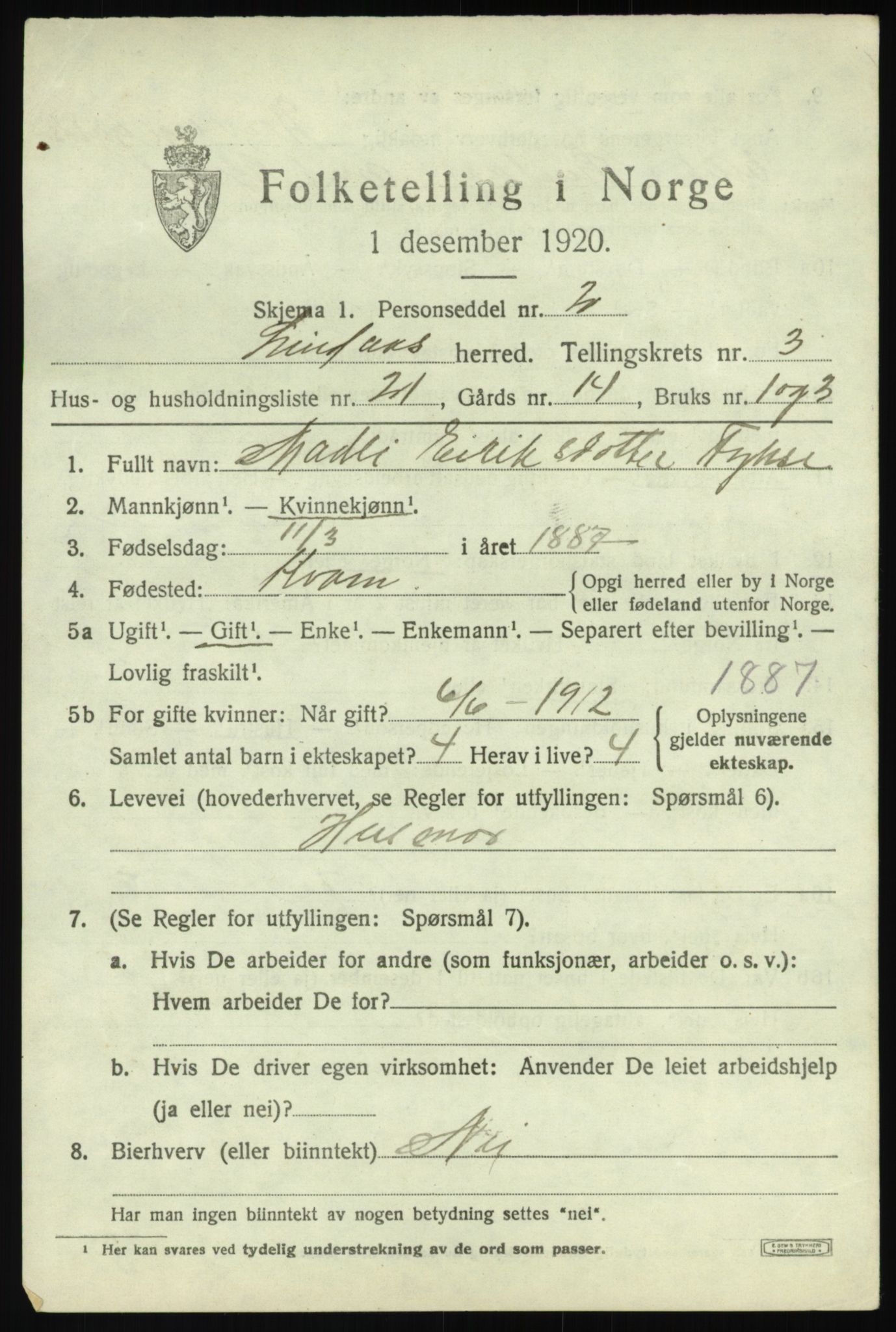 SAB, 1920 census for Lindås, 1920, p. 2233