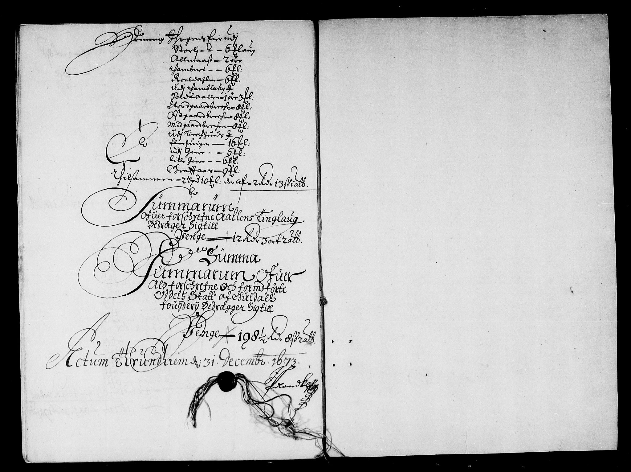 Rentekammeret inntil 1814, Reviderte regnskaper, Stiftamtstueregnskaper, Trondheim stiftamt og Nordland amt, RA/EA-6044/R/Rd/L0037: Trondheim stiftamt, 1673