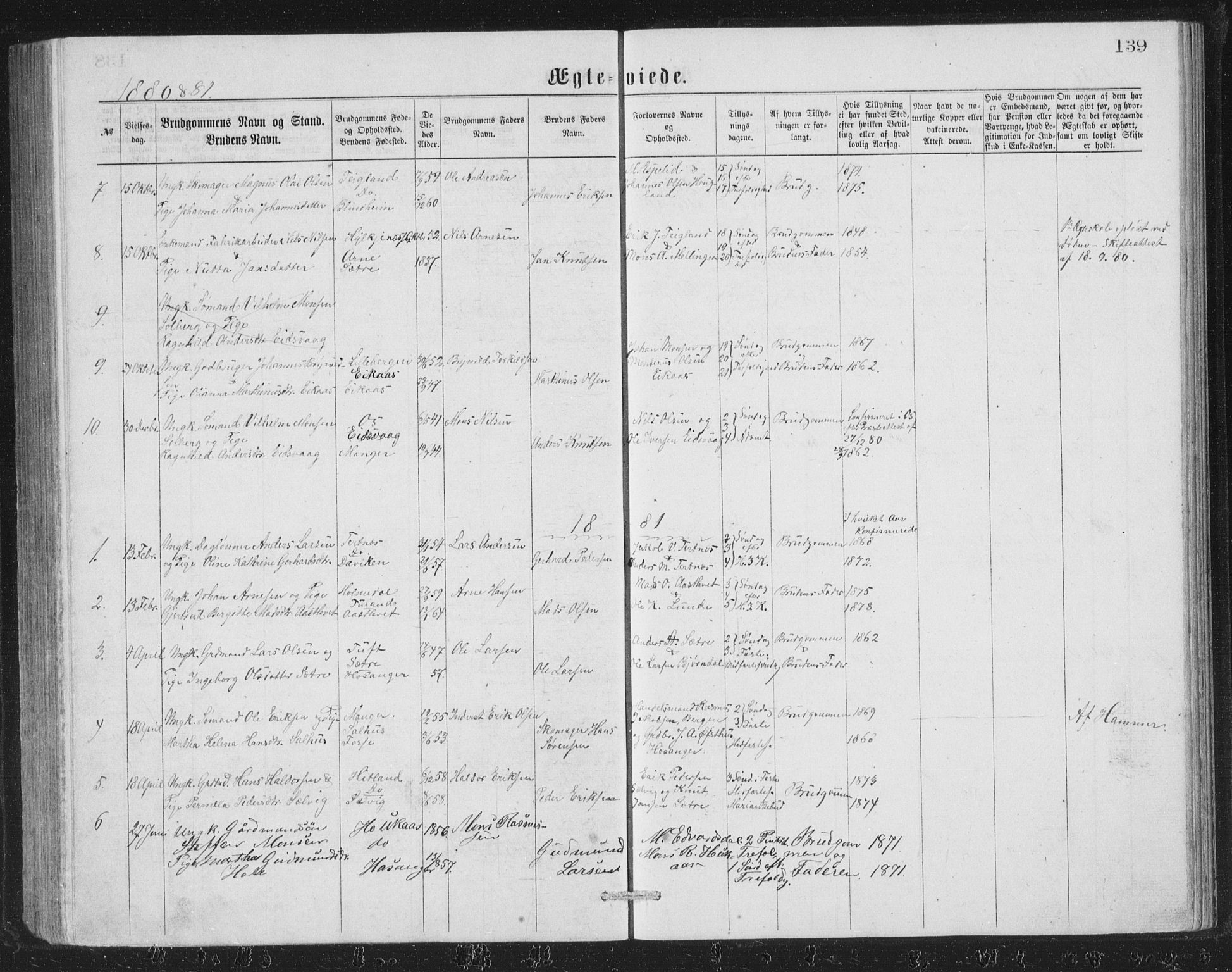 Åsane sokneprestembete, SAB/A-79401/H/Hab: Parish register (copy) no. A 1, 1870-1884, p. 139