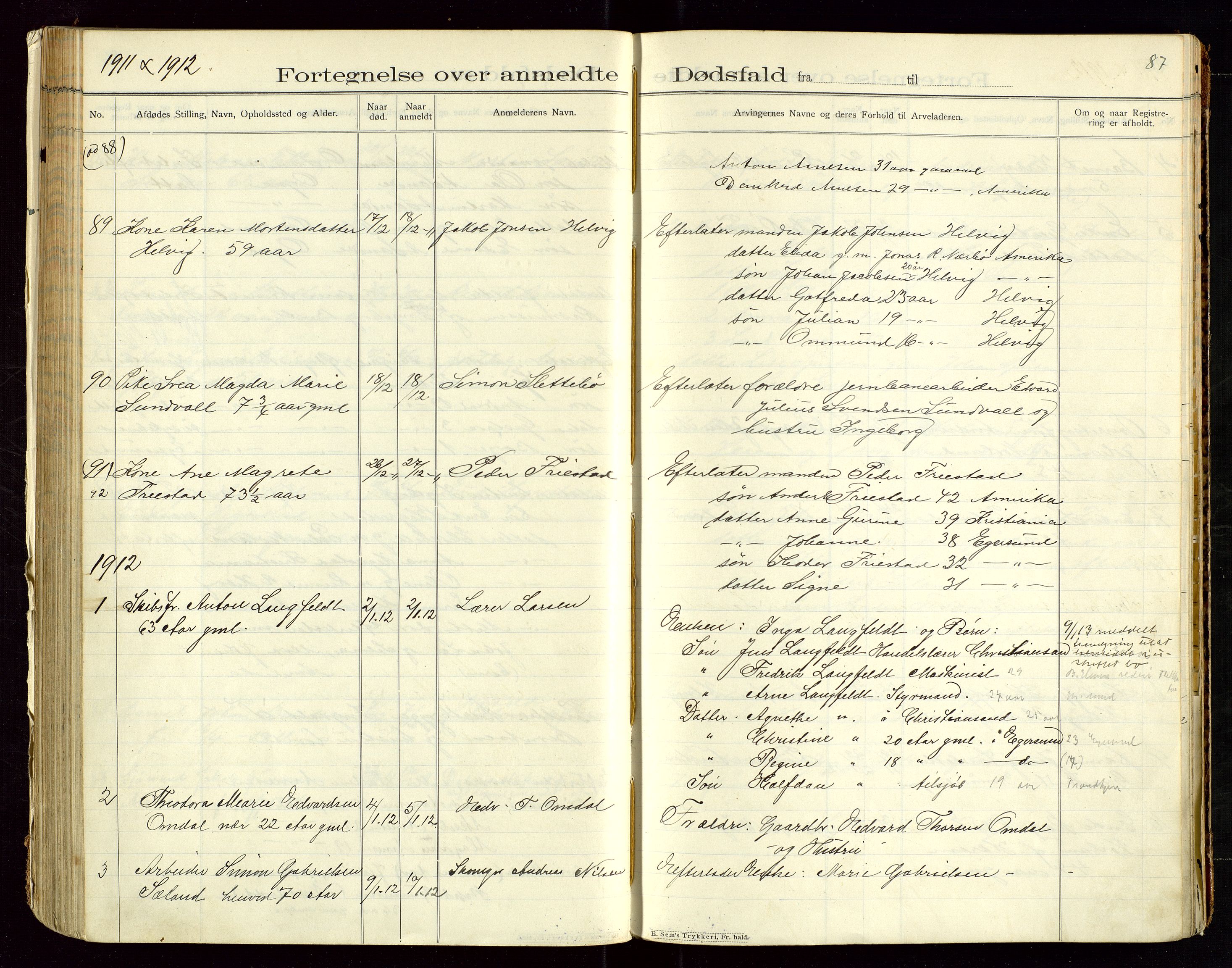 Eigersund lensmannskontor, SAST/A-100171/Gga/L0005: "Dødsfalds-Protokol" m/alfabetisk navneregister, 1905-1913, p. 87