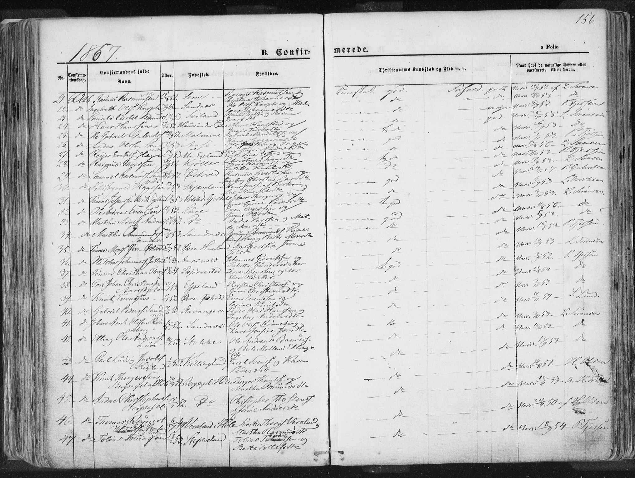 Høyland sokneprestkontor, AV/SAST-A-101799/001/30BA/L0010: Parish register (official) no. A 9.1, 1857-1877, p. 156