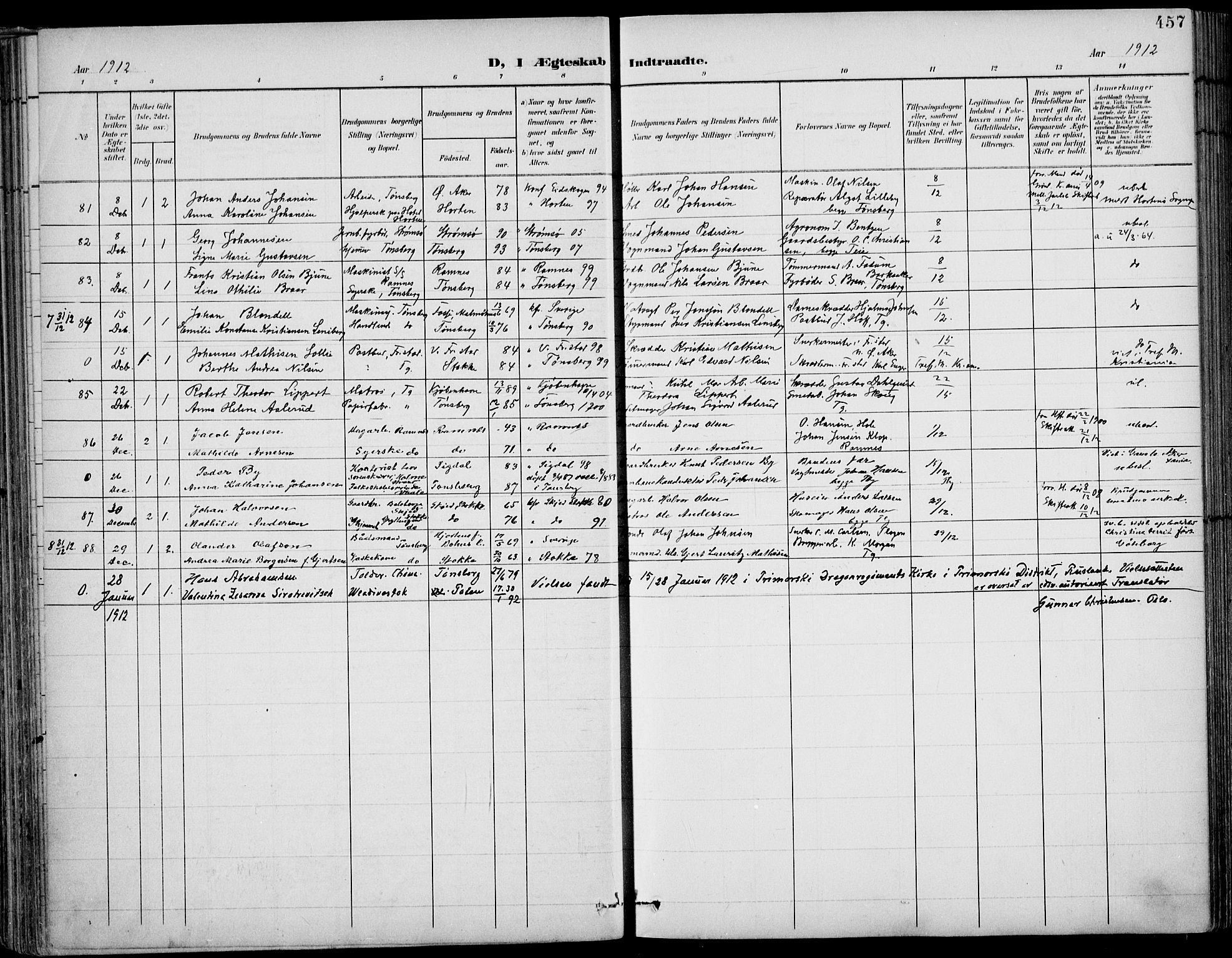 Tønsberg kirkebøker, AV/SAKO-A-330/F/Fa/L0013: Parish register (official) no. I 13, 1900-1913, p. 457