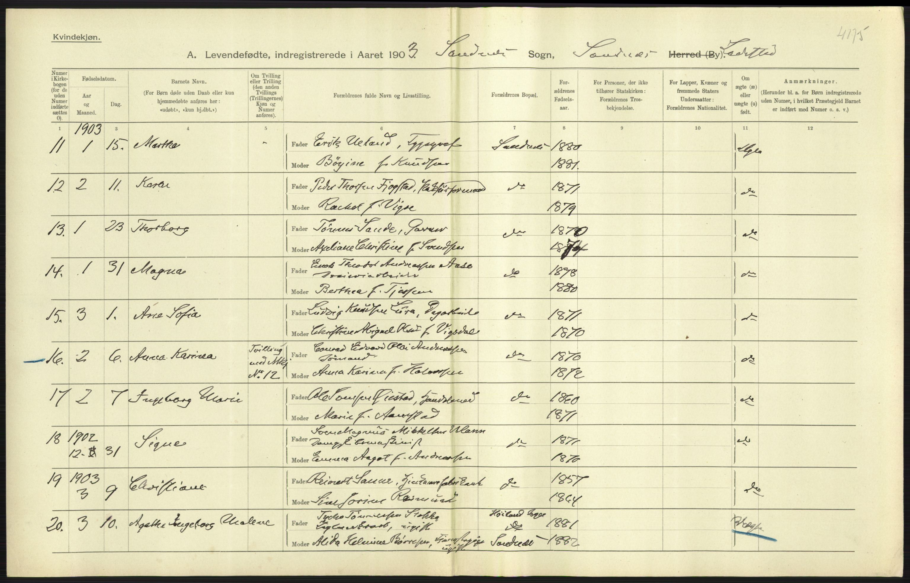 Statistisk sentralbyrå, Sosiodemografiske emner, Befolkning, AV/RA-S-2228/D/Df/Dfa/Dfaa/L0012: Stavanger amt: Fødte, gifte, døde, 1903, p. 323