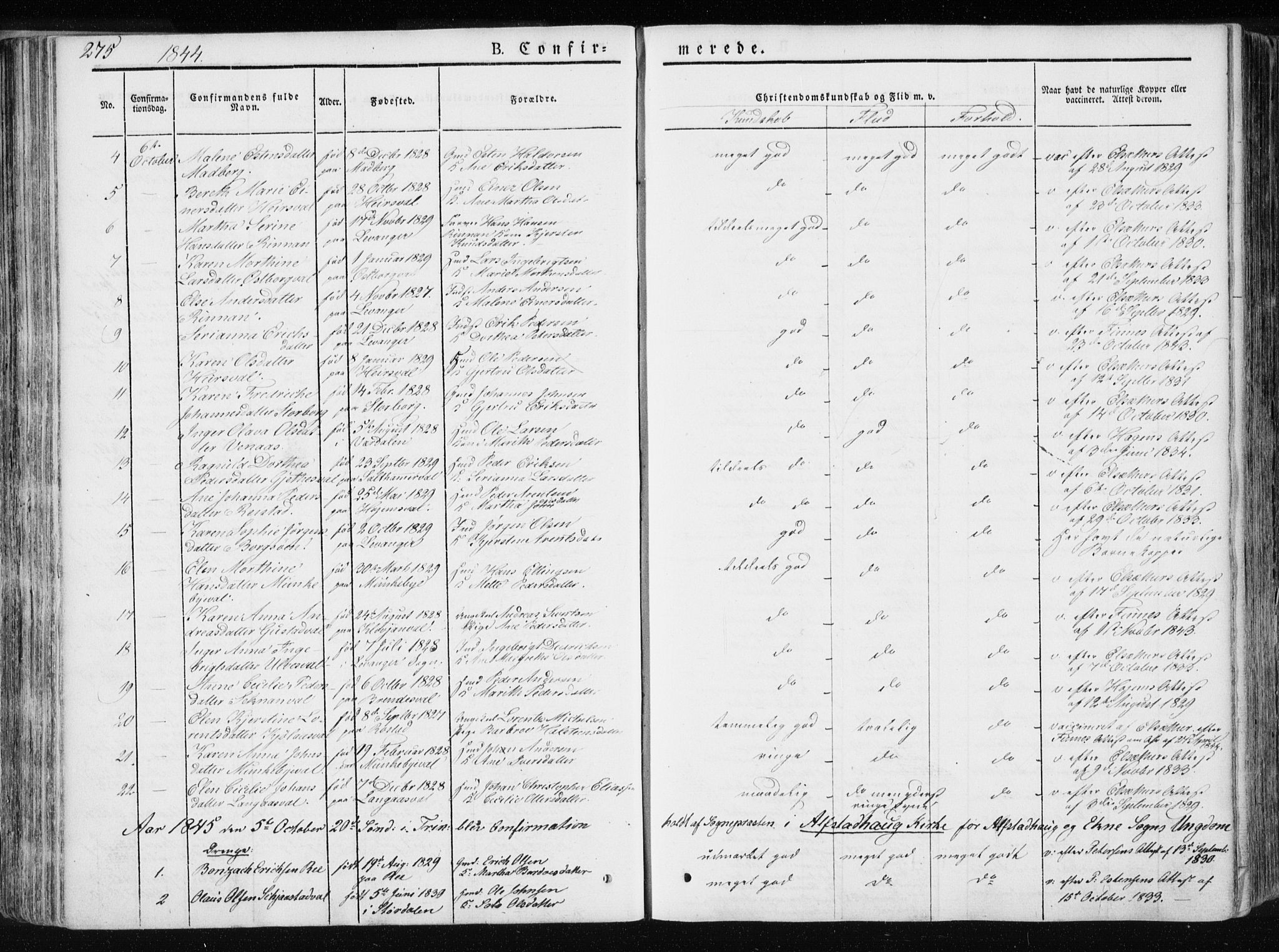 Ministerialprotokoller, klokkerbøker og fødselsregistre - Nord-Trøndelag, AV/SAT-A-1458/717/L0154: Parish register (official) no. 717A06 /1, 1836-1849, p. 275